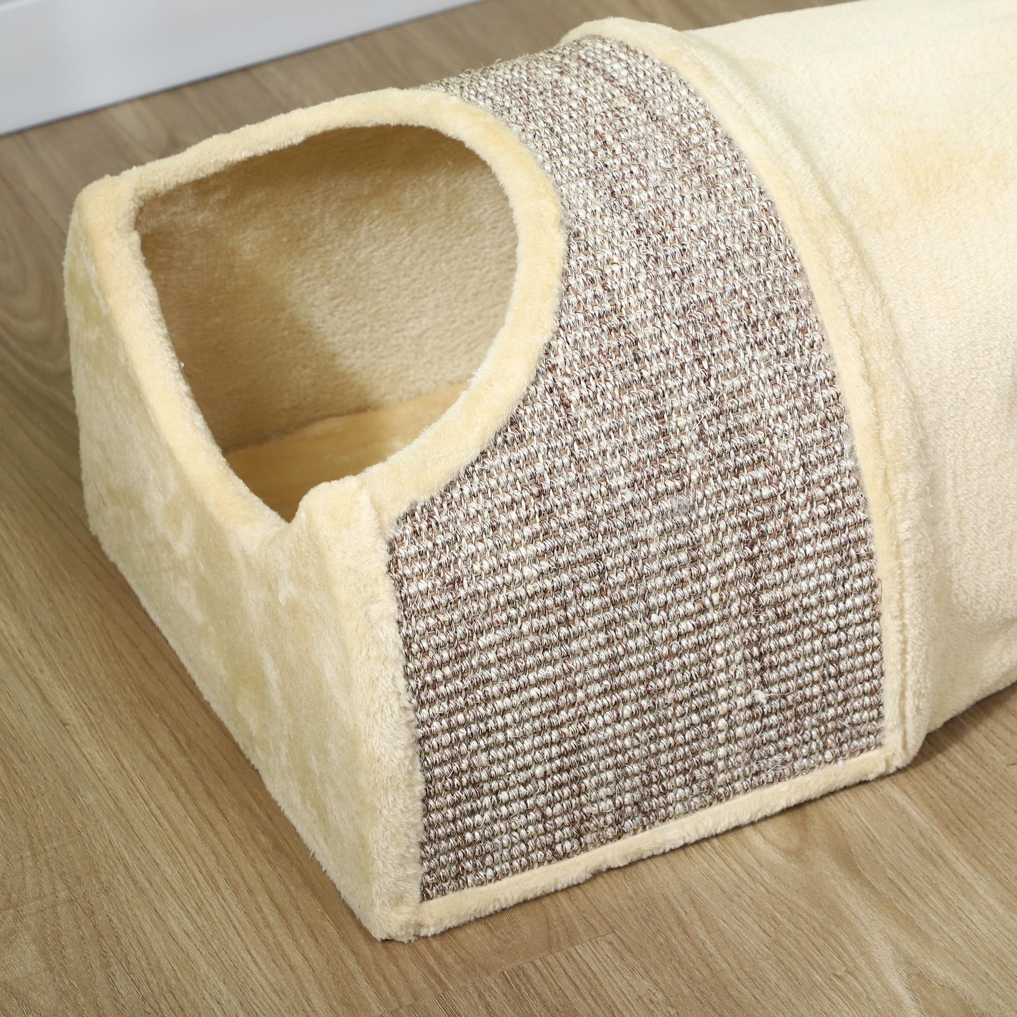 PawHut Tunel dla kota zabawka pluszowa 107 x 38 x 29 cm Beżowy+Szary | Z 2 domkami, 3 otworami, składany tunel do zabawy z sizalu, połączony design