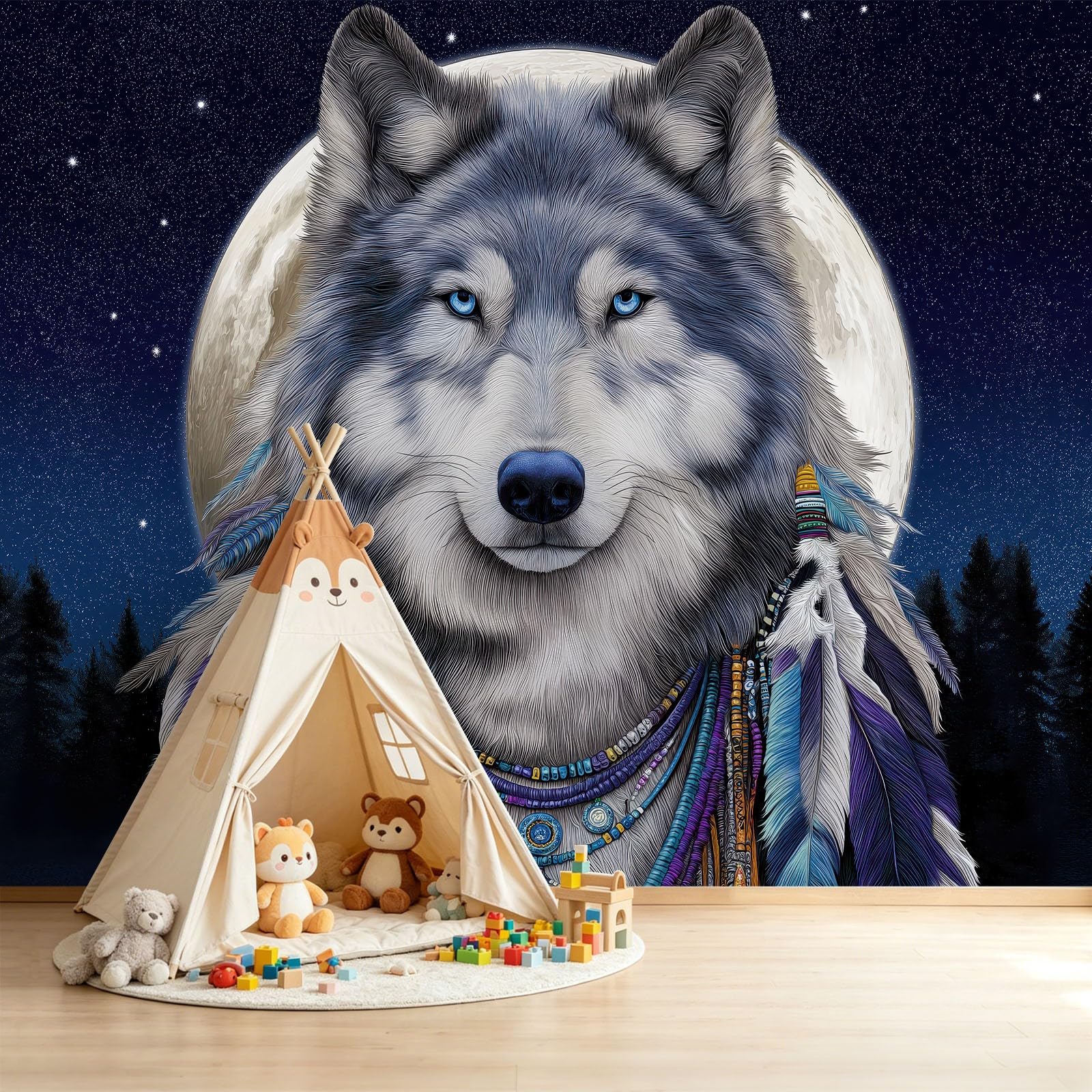 Vlies Tapete Fototapete 3D Effekt Tiere Wolf Traumfänger 250 x 175 cm - Wandbild für Schlafzimmer - Vliestapete Wandtapete für Kinderzimmer Flur Wanddekoration Bildtapete Nachthimmel Sternenhimmel