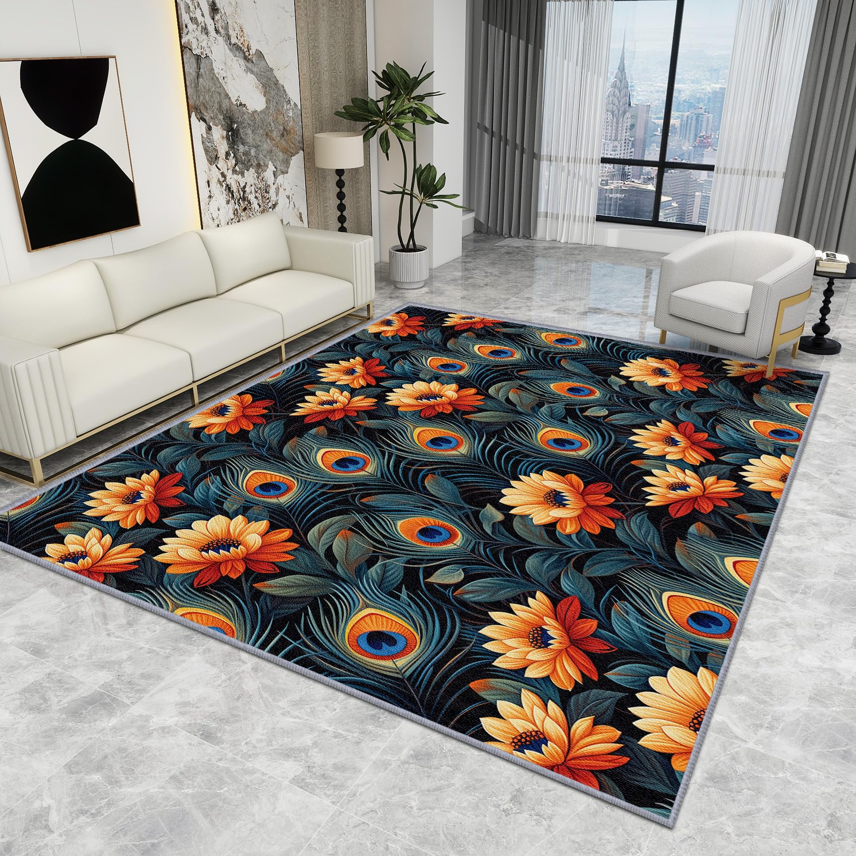 Floral Rugs for Living Room - Floral Rug - Peacock Feather Botanical Rugs, Flower Sunflower Carpet, Washable Rug Non Slip Low Pile Soft Large Area Rugs, Floral Home Decor Gifts, 120 X 120 cm