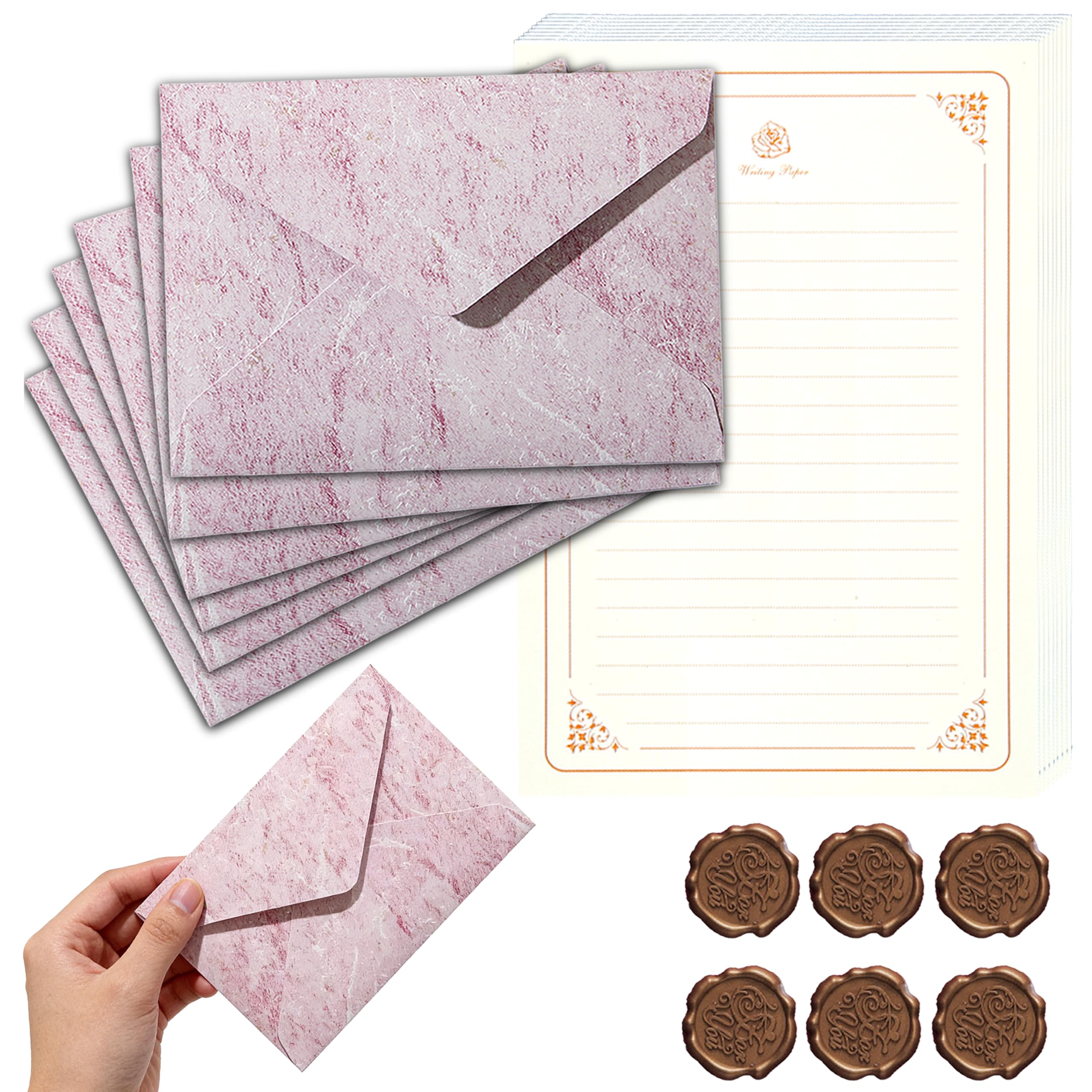 Carta da Lettere Vintage Set Completo 6 Buste 20 Fogli A5 14,5x21cm 6 Sigilli Decorativi Pergamena Rosa
