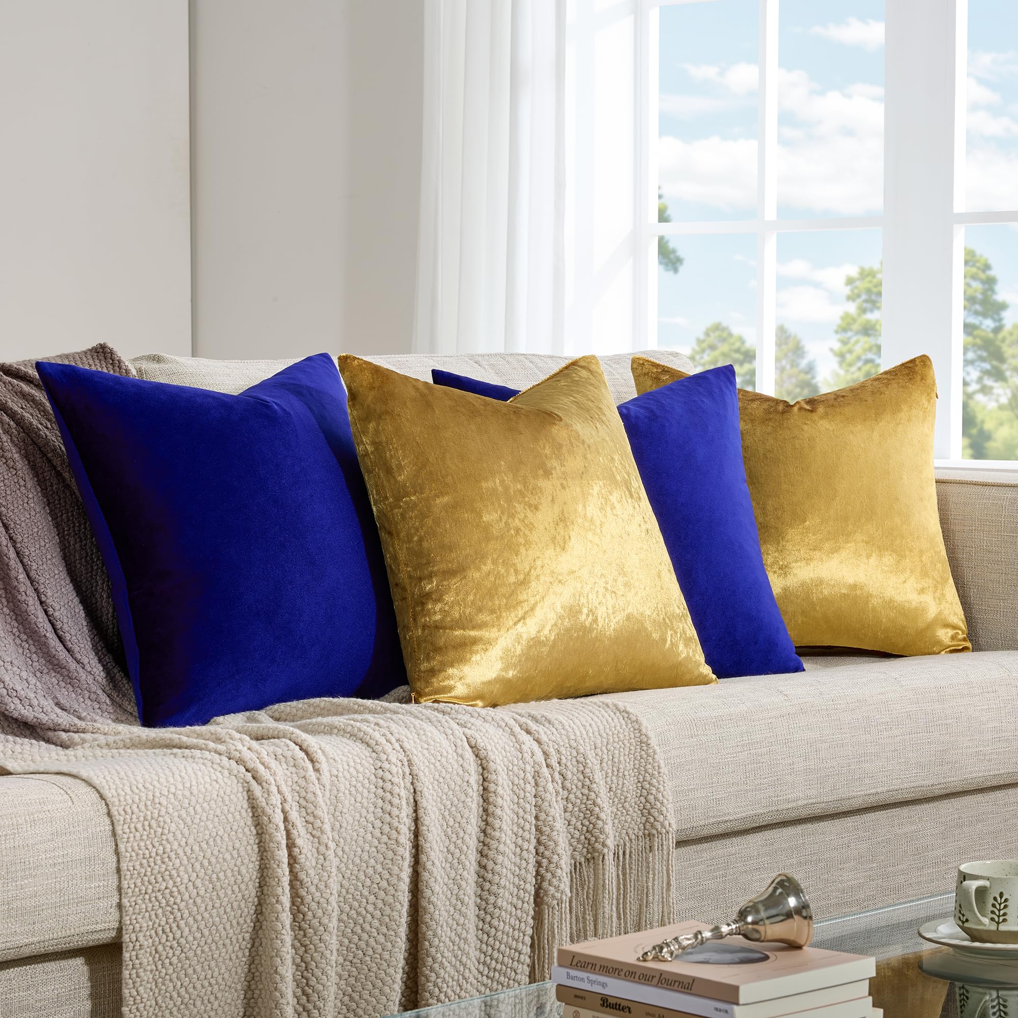 GIGIZAZA Decorative Throw Pillow Covers 18 x 18,Gold Black Soft, Set of 4 Square Velvet Cushion Covers: Blue+gold 20" x 20" (Pack of 4)