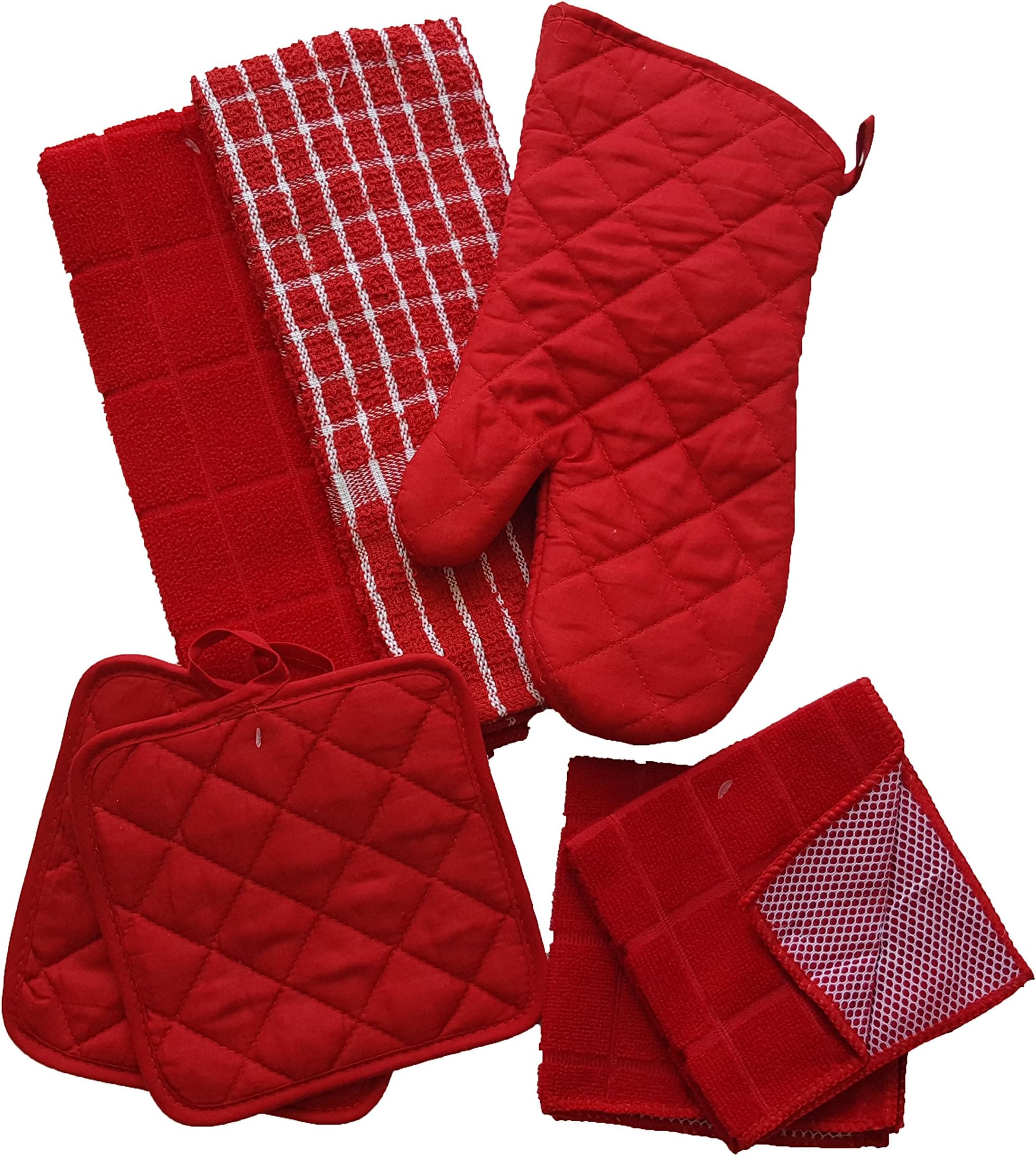 Colorful Red and White 7 Piece Kitchen Linen Bundle With 2 Dish Towels, 2 Dish Cloths, 2 Potholders, and 1 Oven Mitt