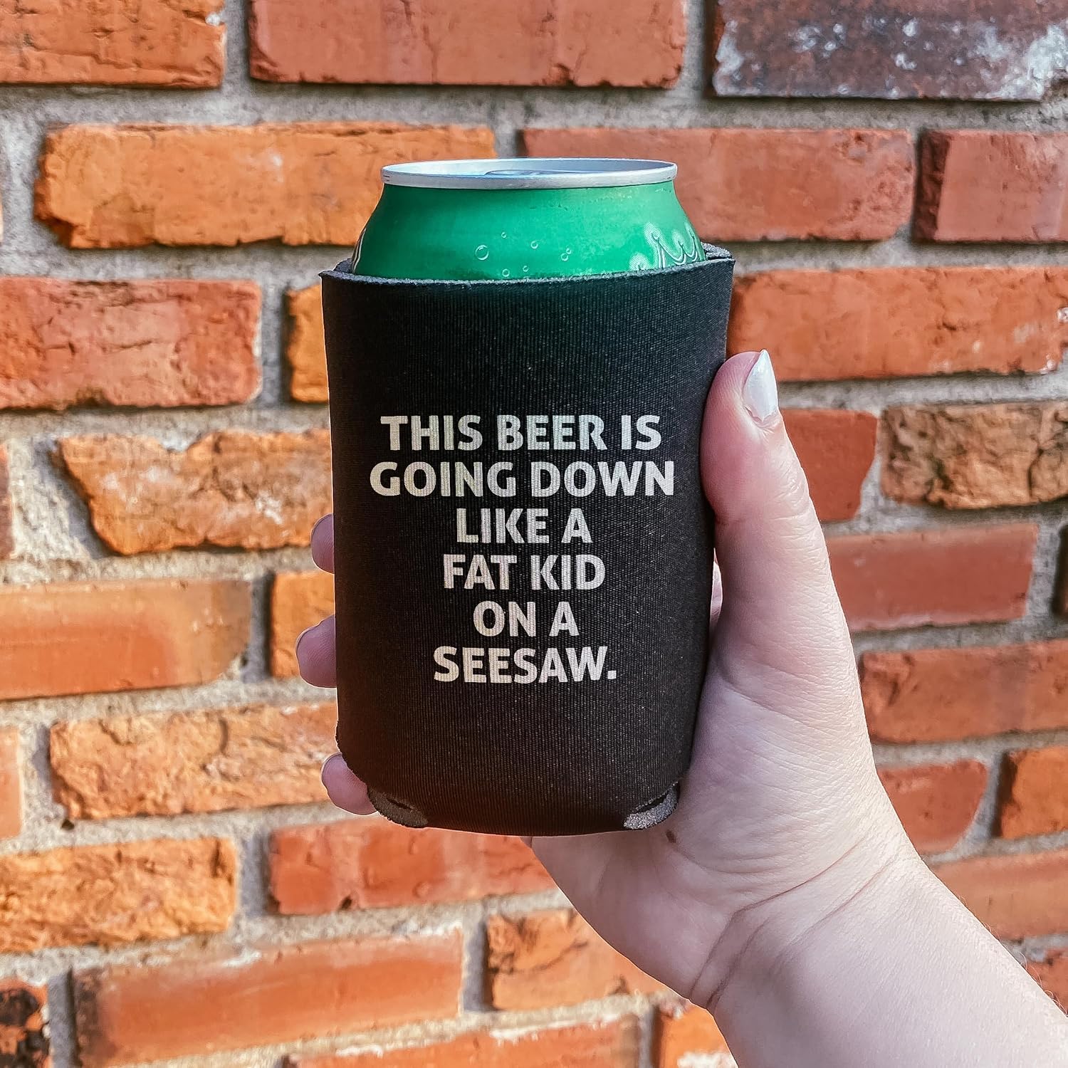 This Beer Is Going Down Like A Fat Kid On A Seesaw Beer Hugger - Can Sleeve Cooler Insulated Drink Coolies - Funny Gifts for Dad - Birthday Present Idea for Him Men Boyfriend Husband (Black, 2 Pk)