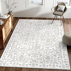 Floral Area Rug 4x6 Washable Entryway Taupe Carpet Non Slip Boho Thin Farmhouse Throw Accent Rug for Living Room Bedroom Office Kitchen Bathroom
