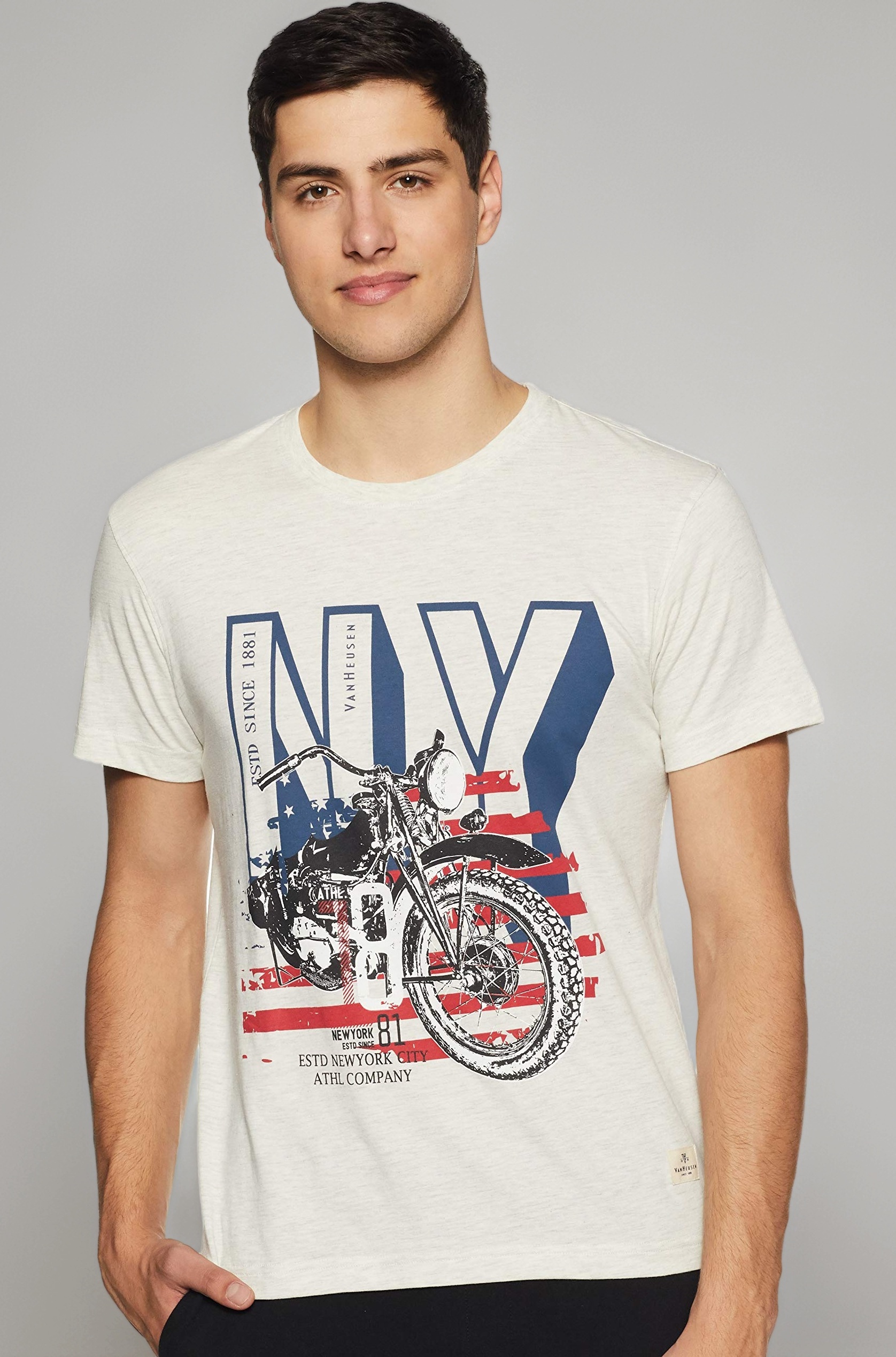 - Men Athleisure Regular Fit T-Shirt - Cotton Rich - Crew Neck, Short Sleeve, Chest Print