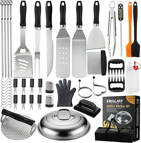 Grilljoy Juego de 46 accesorios para plancha con mango de plástico resistente, kit de herramientas todo en uno para parrillas planas Teppanyaki