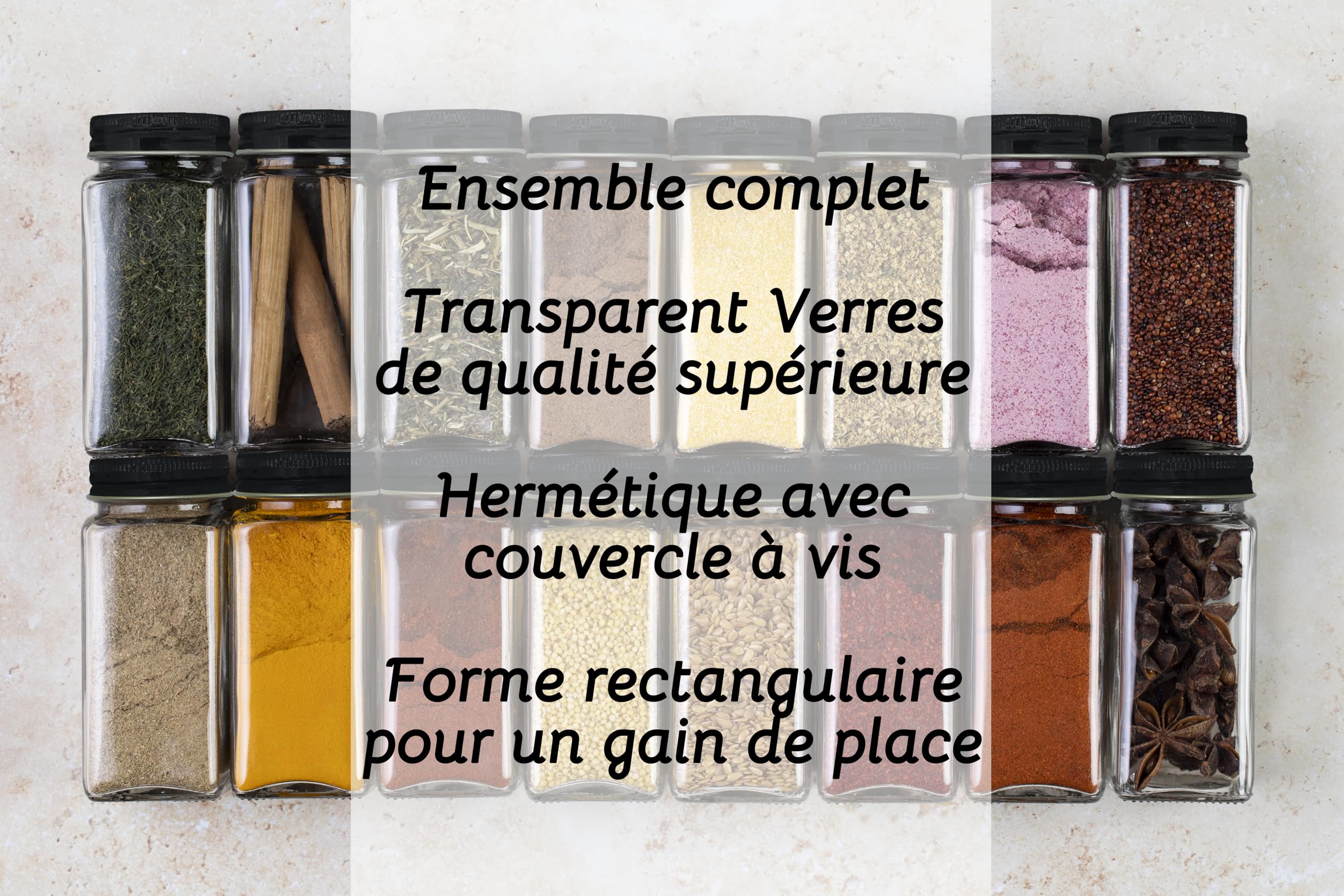 Lot de 24 x 120ml pots à épices en verre carré avec couvercle à vis, les étiquettes, les accessoires de saupoudrage et l'entonnoir en silicone (Métal)
