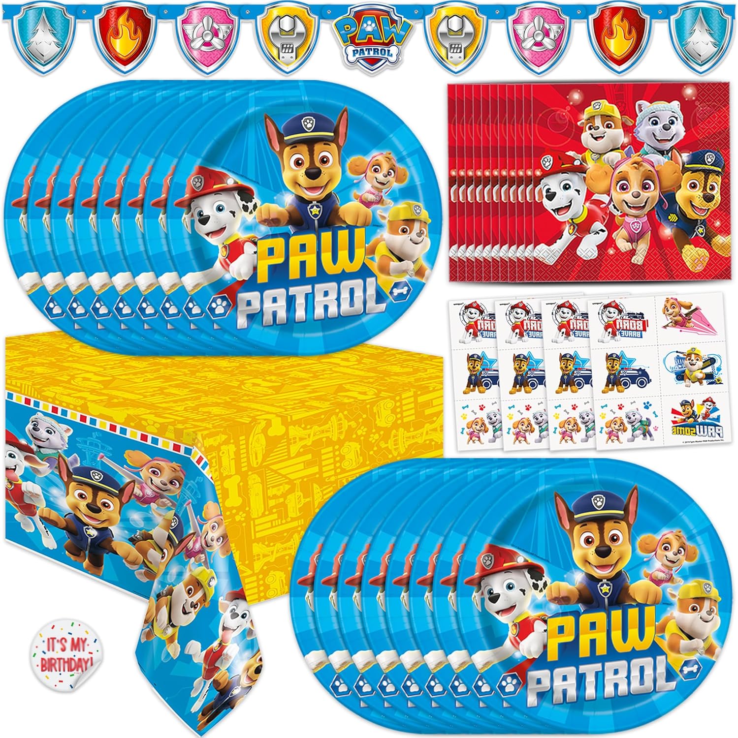 Paw Patrol Birthday Decorations for Party | Serves 16 | Banner, Tablecloth, Plates and Napkins, Tattoo Party Favors, Sticker | Officially Licensed