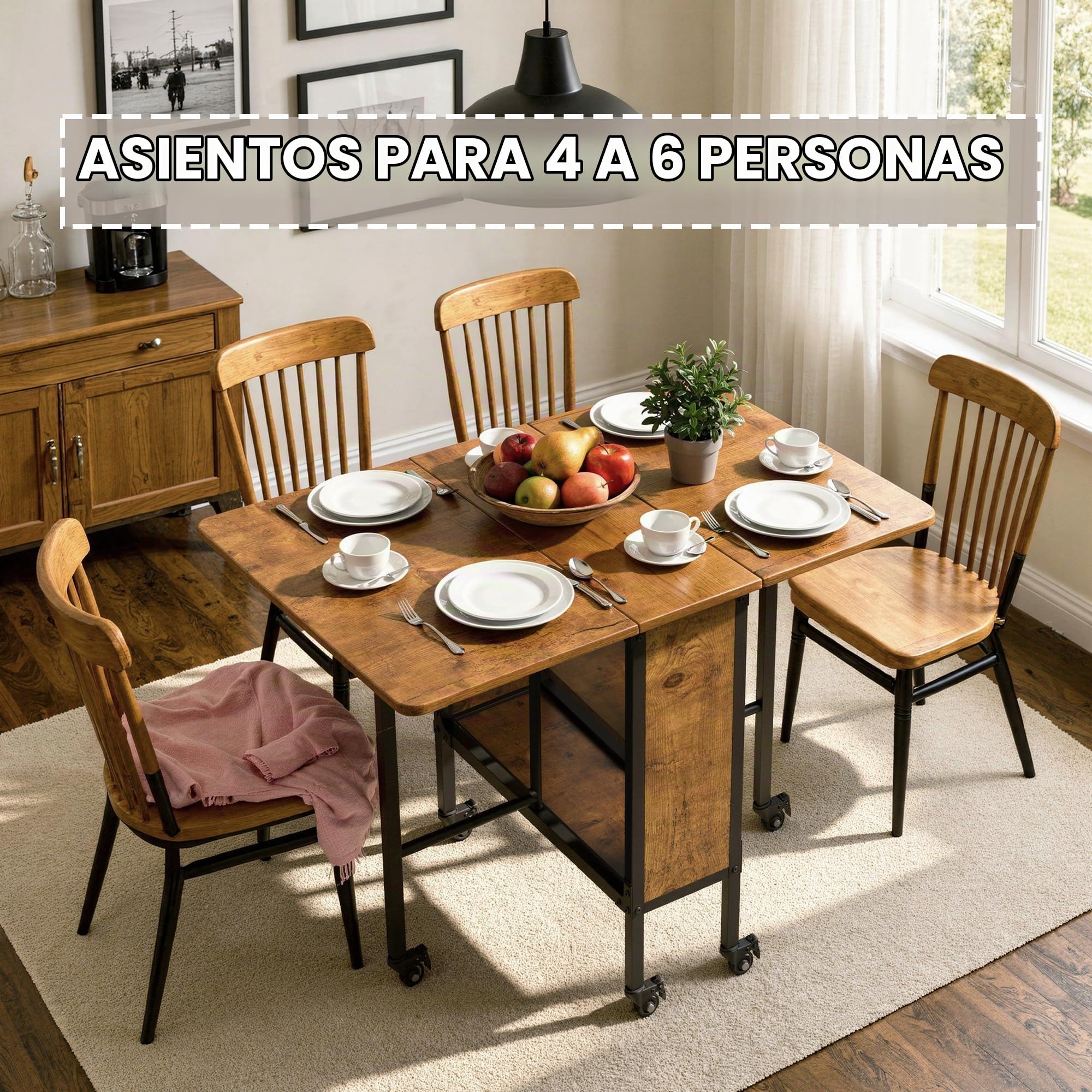 Mesa de Comedor Plegable, Mesa de Cocina Plegable con 6 Ruedas y 2 Estantes Abiertos para Espacios Pequeños, Cocina, Comedor para 4-6 Personas, 130 x 80 x 74 cm (Retro)