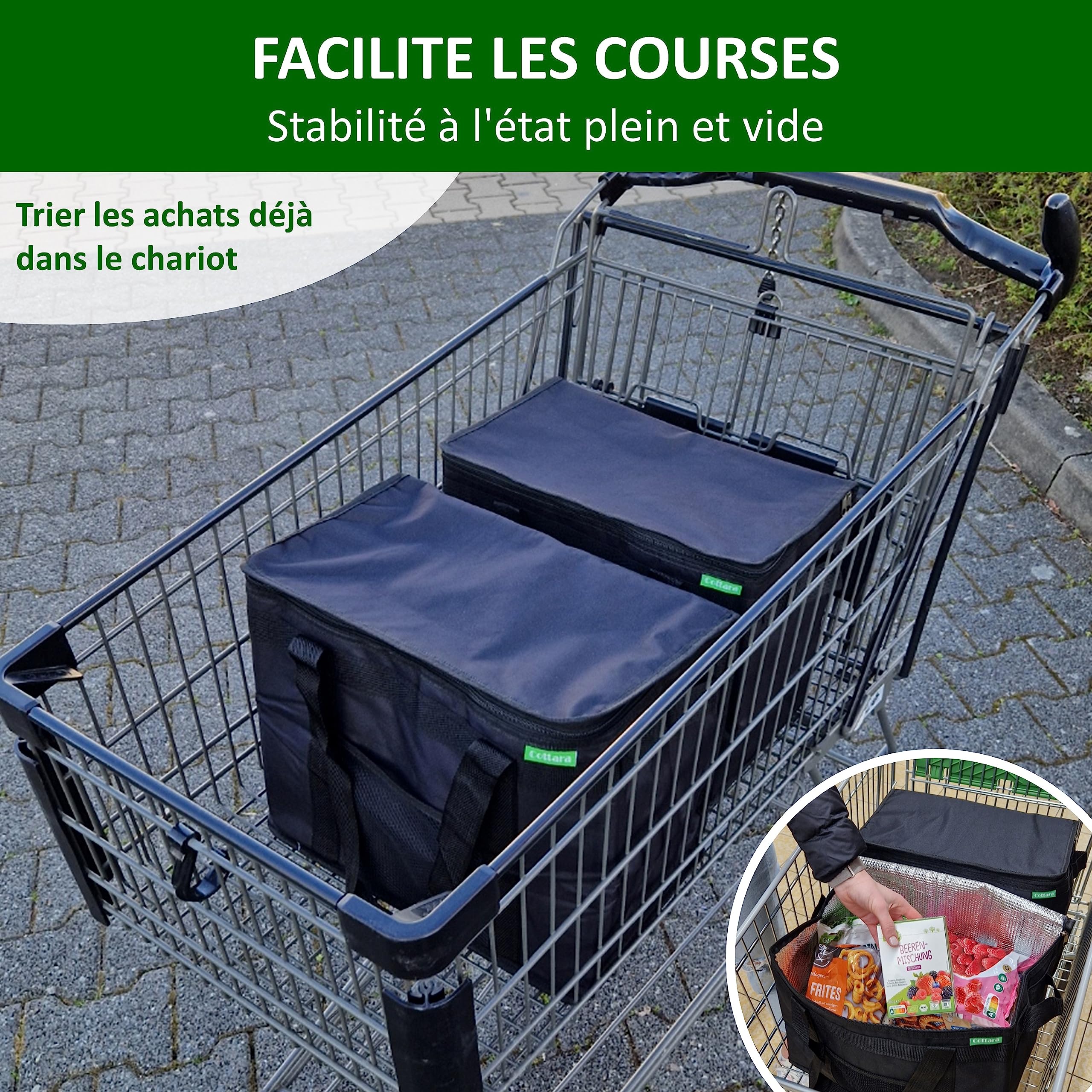 COTTARA Lot de 2 sacs isothermes pliables de qualité supérieure - Grand sac de courses avec fond renforcé - Idéal comme sac isotherme, panier de courses, sac de pique-nique - Noir 40 x 24 x 31 cm