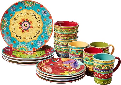 Tunisian Sunset - Juego de vajilla de cerámica de 16 piezas, servicio para 4 – Coloridos platos, cuencos y tazas bohemios con patrones florales
