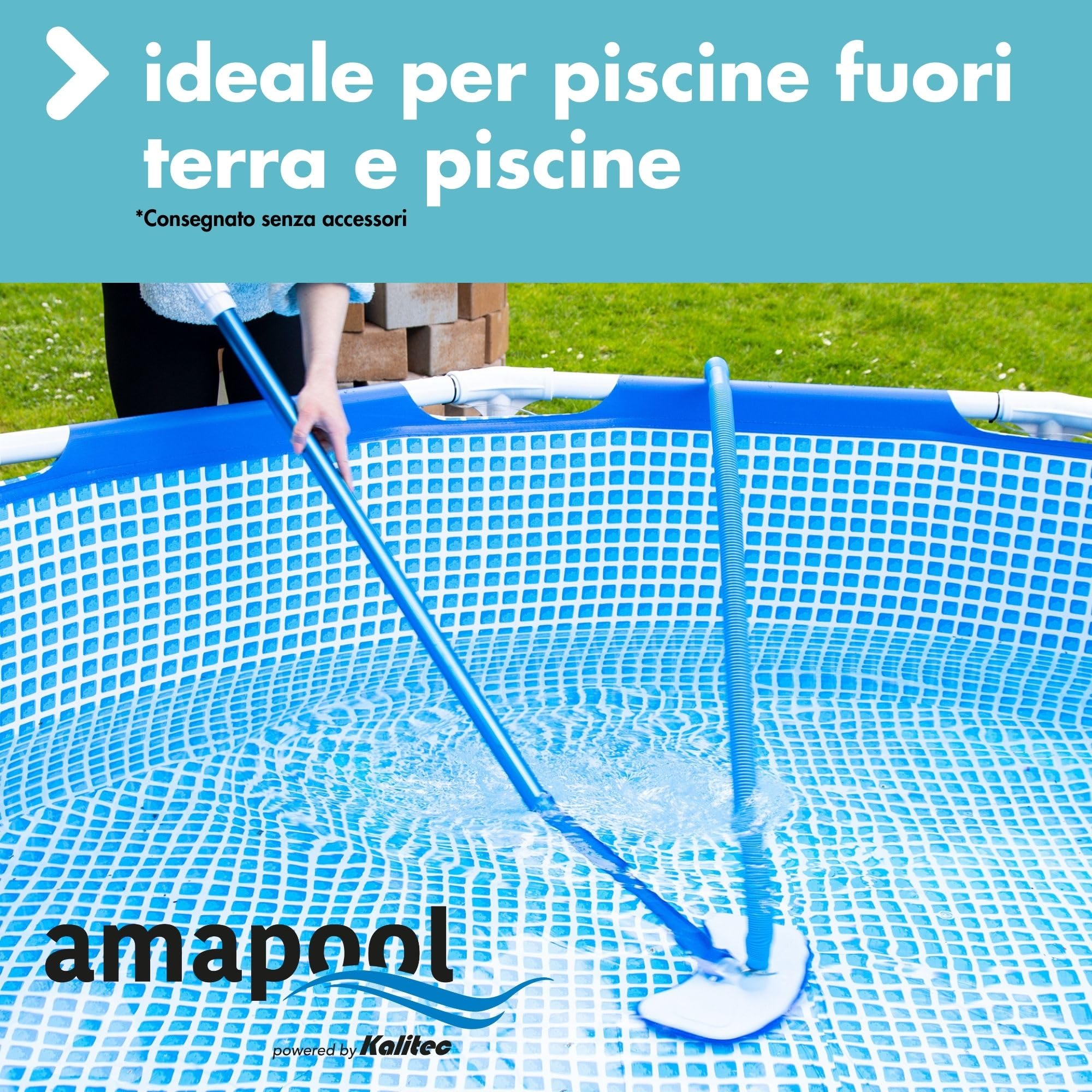 Amapool Basics Set 2 Pezzi Aspirafango per Piscina con 8 Setole | Spazzola fondo extra pesante con attacco clip-on per tubi Ø 32/38 mm e aste da 28 mm, ideale per piscine fuori terra.