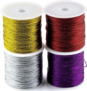 440 Yards Metallic Cord Tinsel Rope for Crafts Metallic Thread for Gift Wrapping Jewelry Making Hanging Tag String for DIY Christmas Ornament Decoration Gold Silver Red Purple