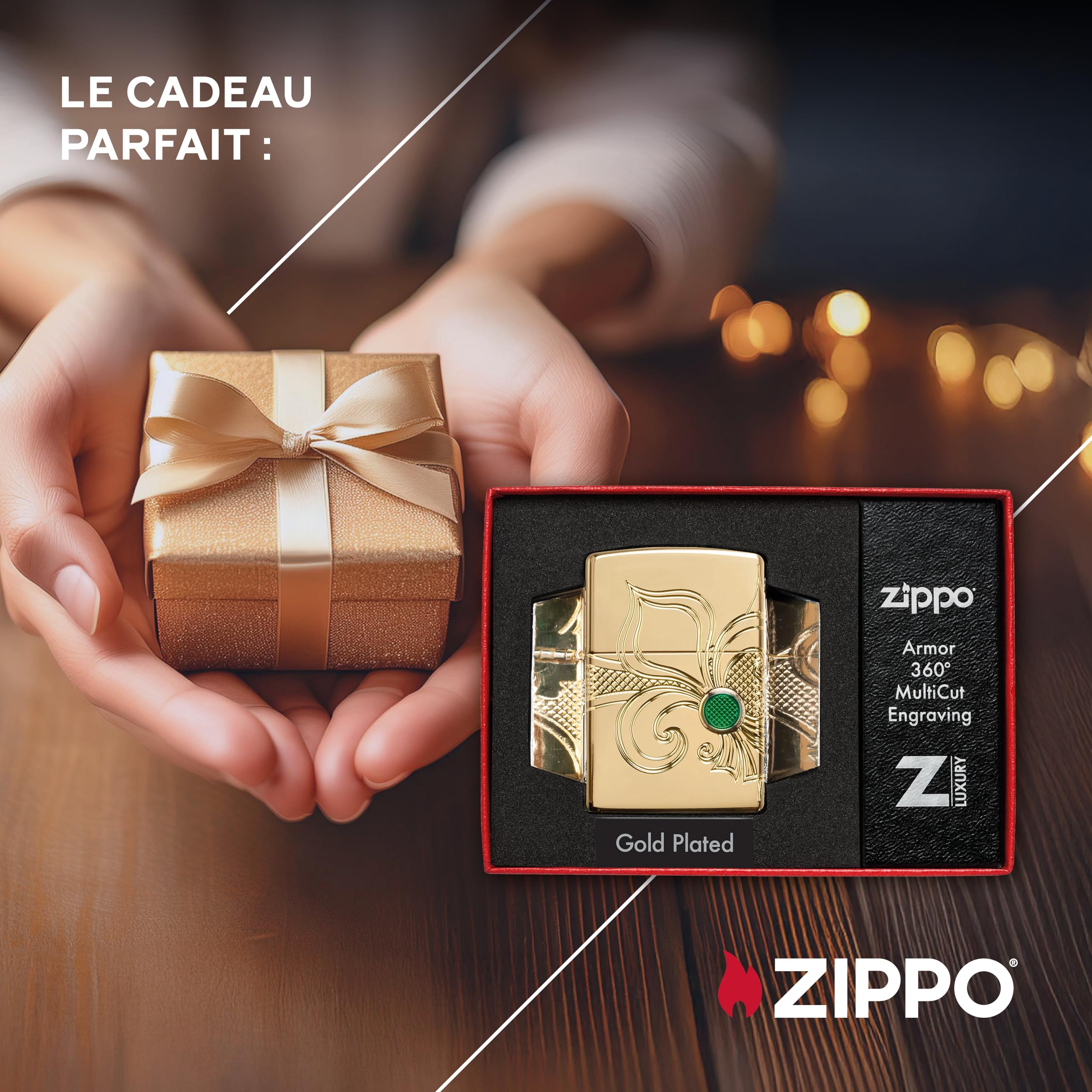 Zippo Briquet Tempête - Fleur De-Lis - Finition Armor Laiton Poli Brillant Or avec Gravure - Rechargeable - Réutilisable - Design Coupe-Vent - Coffret Cadeau - Fabriqué aux États-Unis