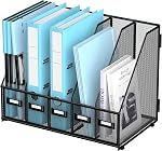 SUPEASY Organisateurs de bureau Metal Desk Porte-fichier avec 5 Organisateur de fichiers de compartiments verticaux pour bureau, Espace de travail à domicile, Noir Plus