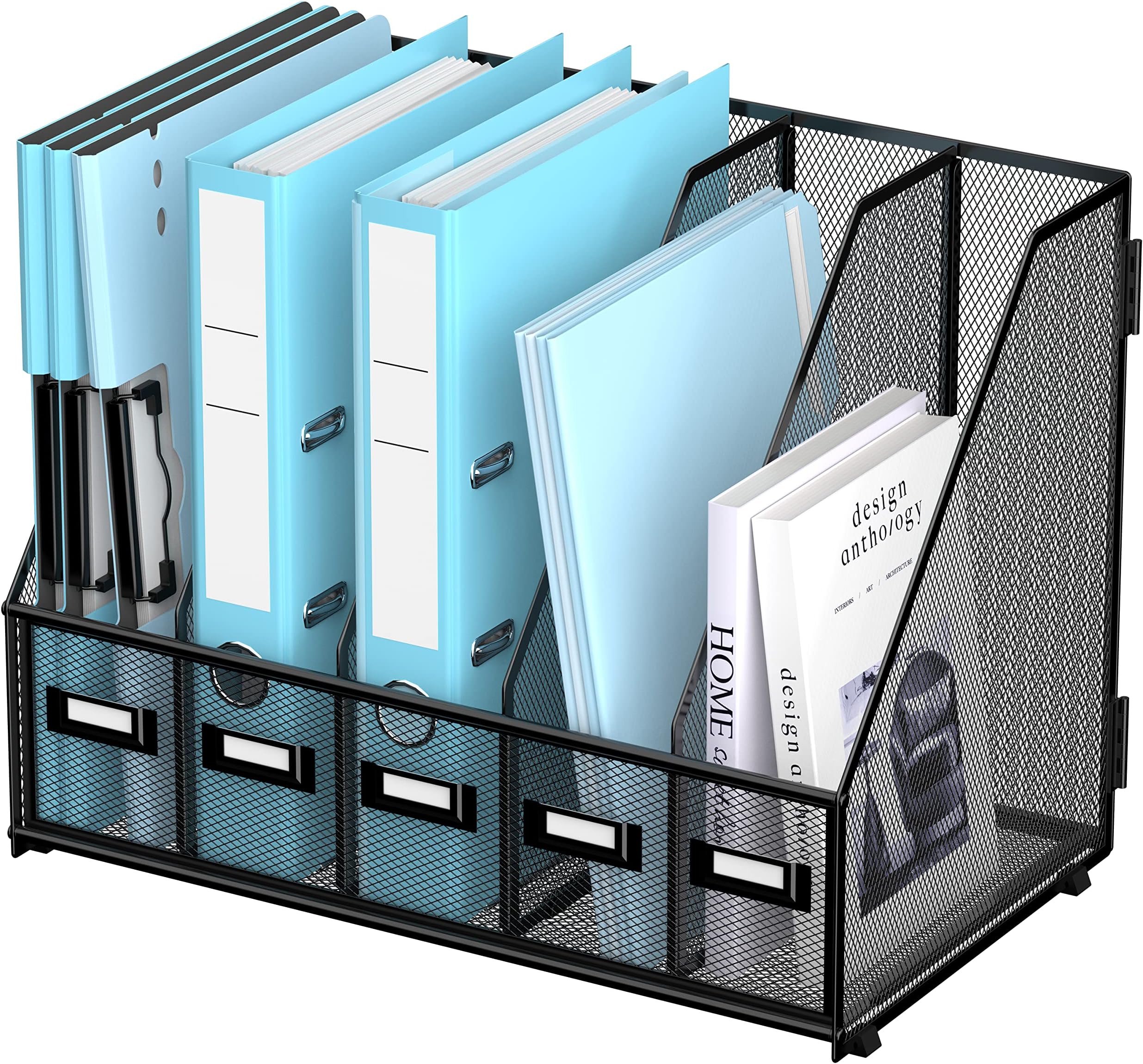 SUPEASY Desk Organizers Metal Desk Magazine File Holder with 16''x12''x12'' 5 Vertical Compartments Rack File Organizer for Office Desktop, Home Workspace, Black Plus