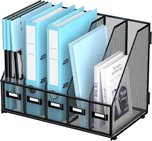 SUPEASY Organisateurs de bureau Metal Desk Porte-fichier avec 5 Organisateur de fichiers de compartiments verticaux pour bureau, Espace de travail à domicile, Noir Plus