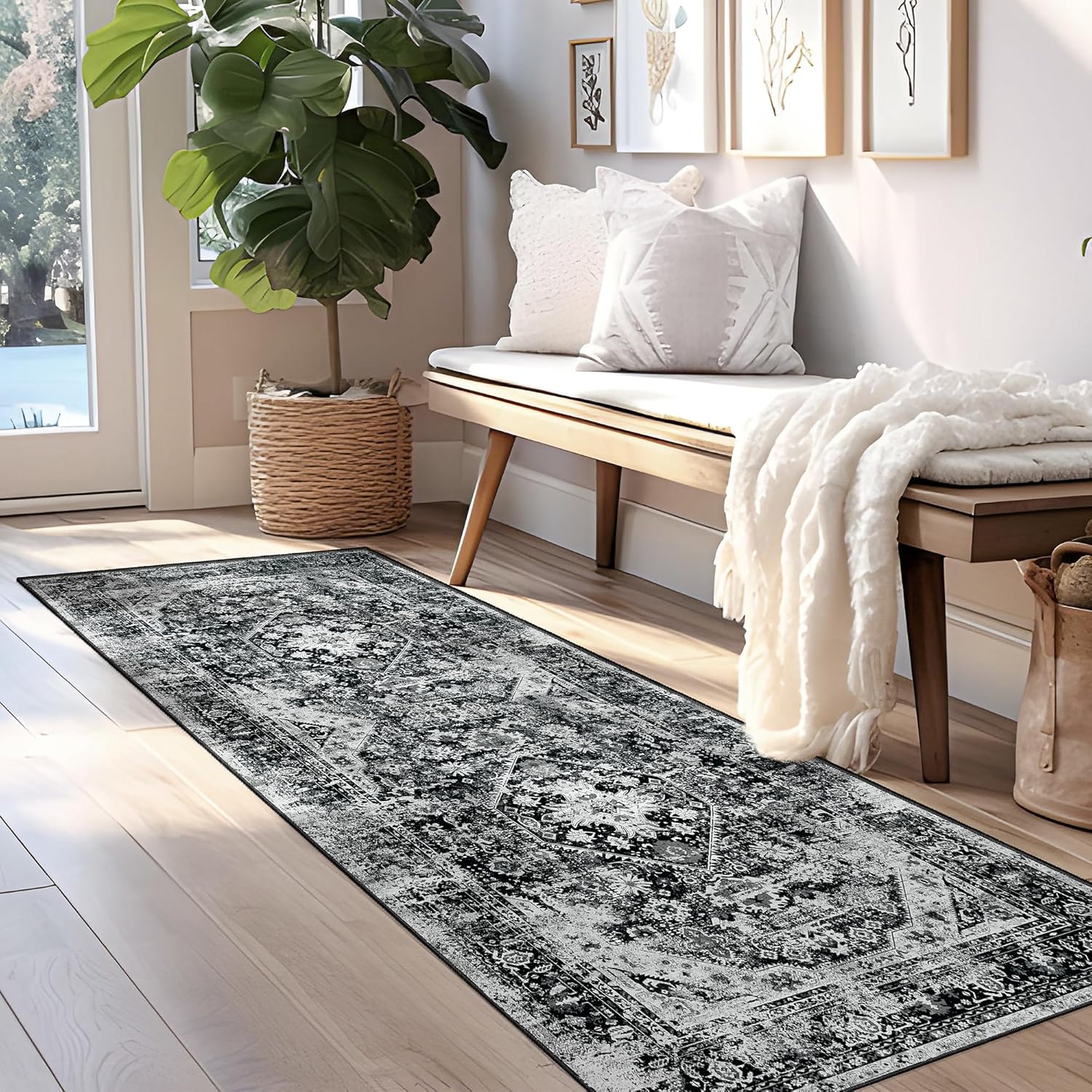 MUJOO Black Rug Washable Runner Rug for Kitchen Bathroom Entryway Non Slip Carpet Throw Rugs for Hallway Bedside Laundry Room Long Boho Area Rug Soft Floral Home Decor 2'x6'