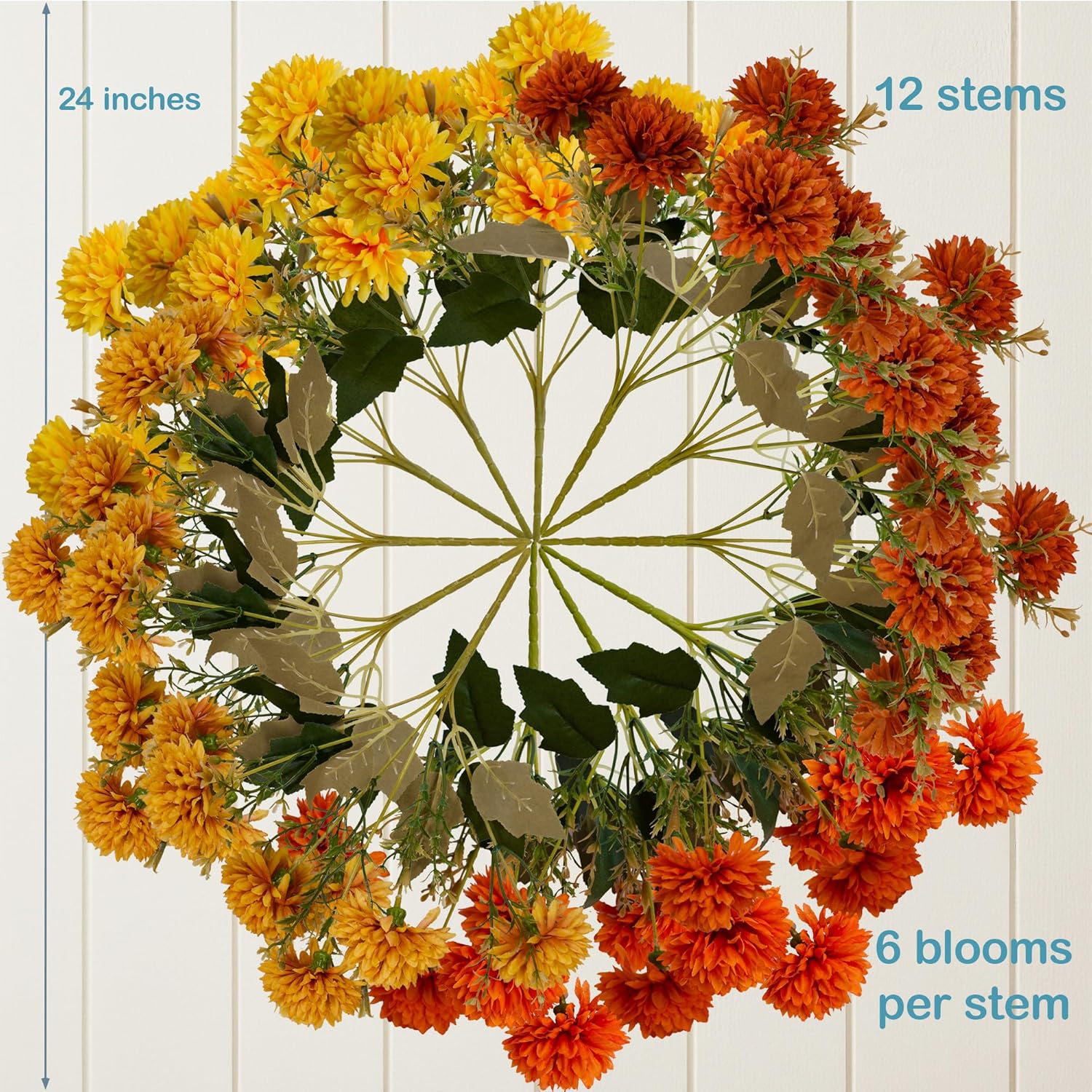 Yellow Orange Burnt Faux Floral Plants Decor 12 Mum Stems with 72 Silk Flowers, Artificial Chrysanthemum Marygolds, Fake Flowers for Rooms Outdoor Patio Porch Pots Boxes Planters - Image 8