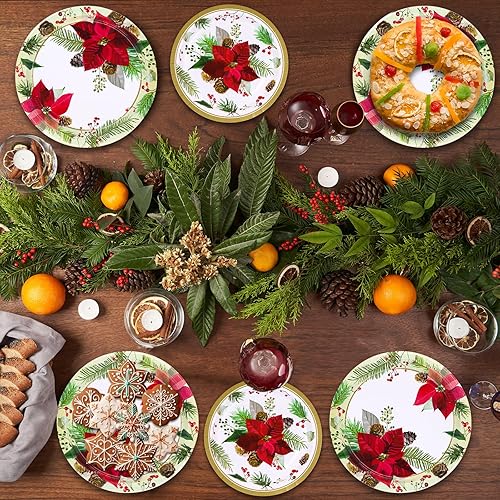 Miniatura 5 de Poinsettia - Platos de Navidad a granel, 50 platos llanos (9.2 pulgadas) y 50 platos de postre (7 pulgadas), juego desechable de papel a granel para