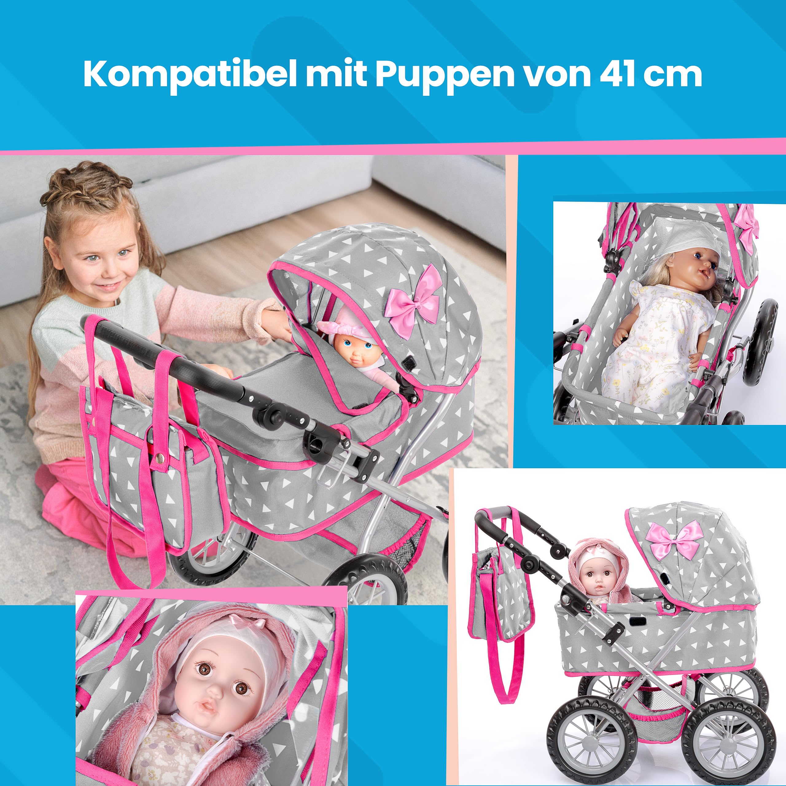 Kinderplay Puppenwagen mit großer Wanne – Höhenverstellbarer Griff 33–63 cm – Für Puppen bis 41 cm – Leichter Puppenbuggy für Kinder ab 3 Jahren – Leise Schaumräder