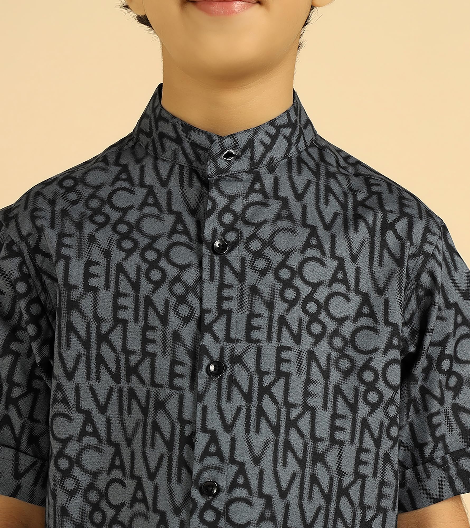 Bugandbees Boys Alphabetic Print Cotton Shirt|Half Sleeve|Mandarin Collar|Kids Clothes for Boys Dress 3-4 Years Fancy Dress|One Piece|Kids Wear|Party Casual Wear(BBSHB00000311_3-4Y_Grey) 1