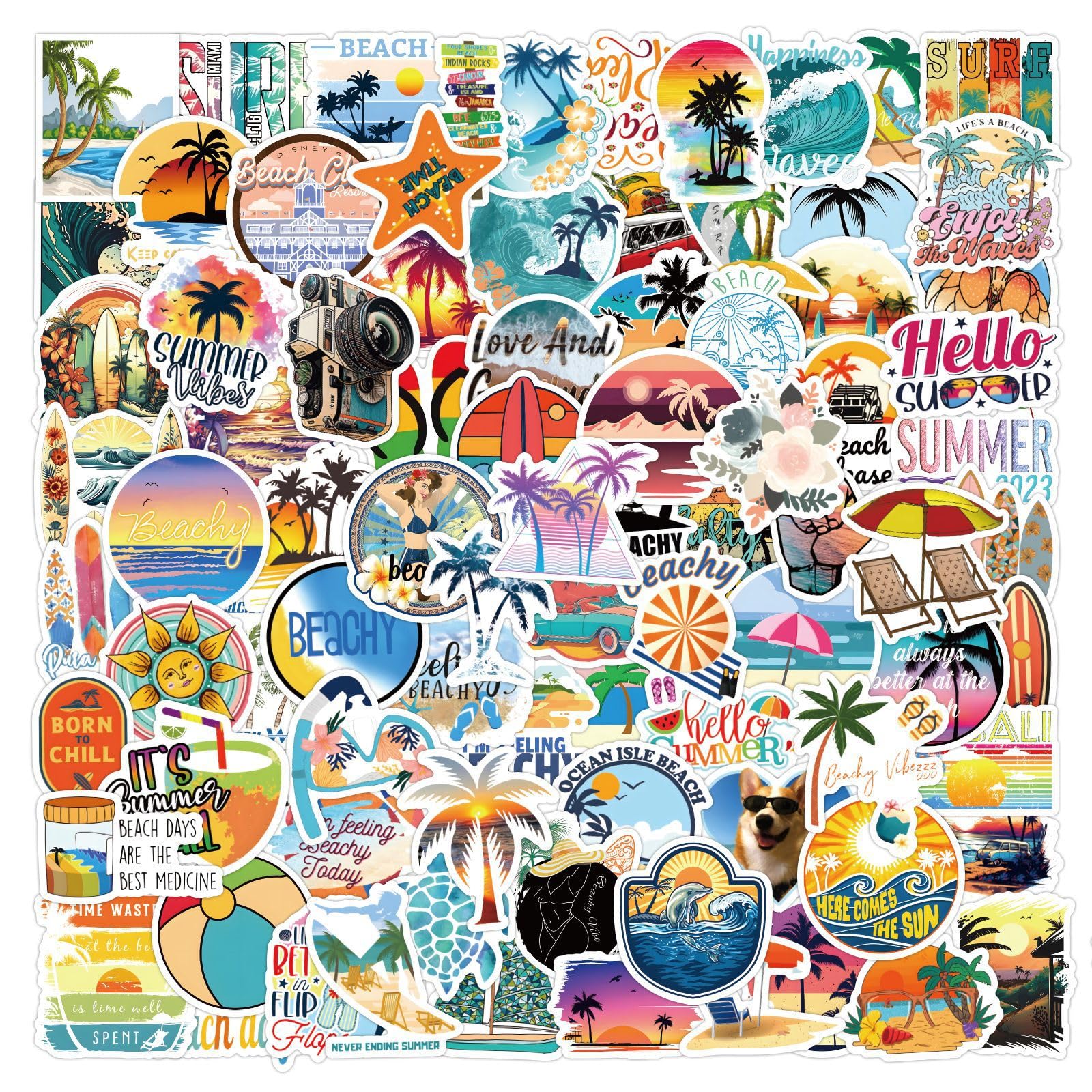 100Pcs Beach Stickers Laptop Car Scrapbook Phone Skateboard Suitcase Luggage Bike Blue Surfing Waves Vinyl Waterproof Aesthetic Personalised Stickers for Teens Boys Girls Adults
