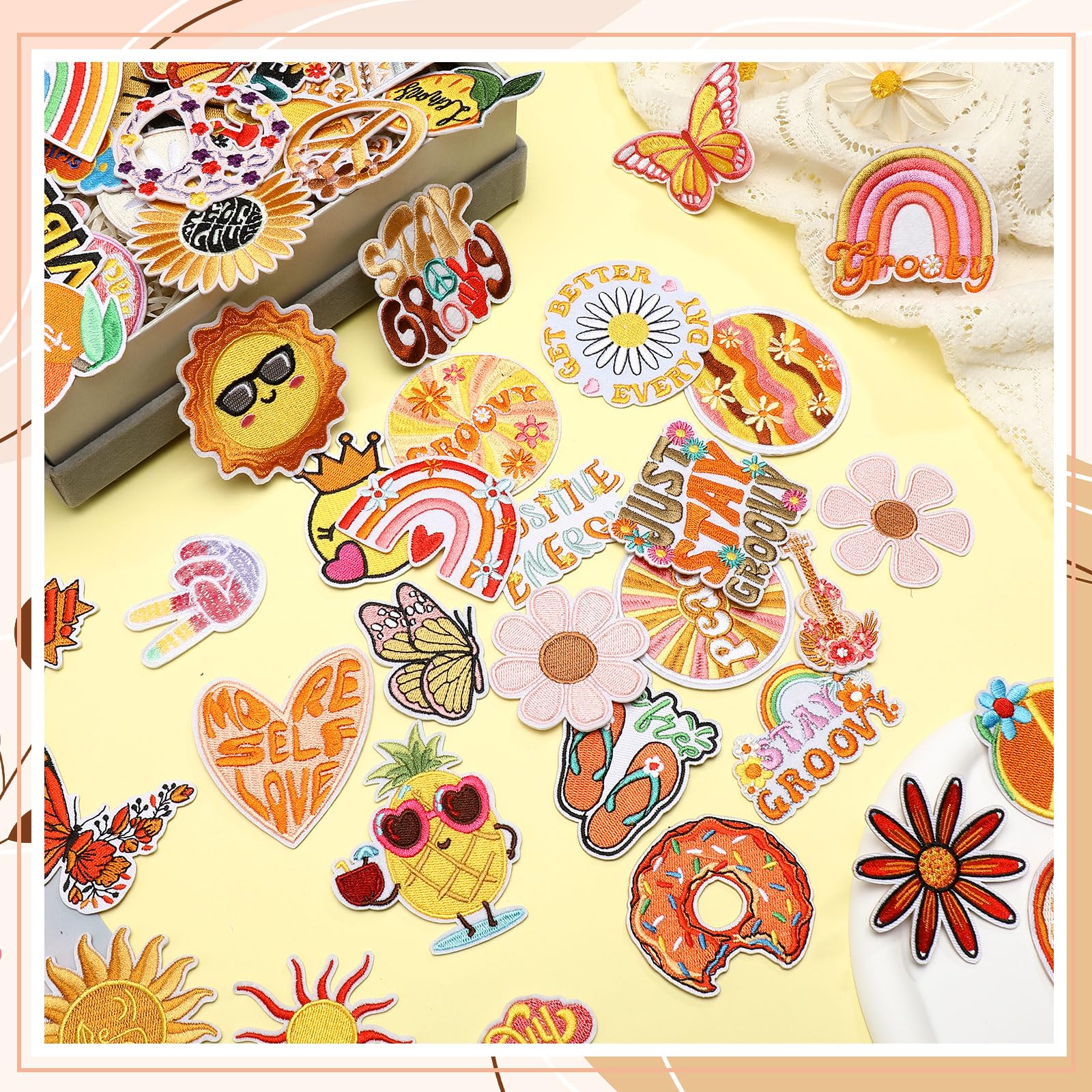 60 Pcs Groovy Iron On Patches – Hippie Style Orange Embroidered Patches For Jeans, Jackets, Bags & DIY Crafts - View #10