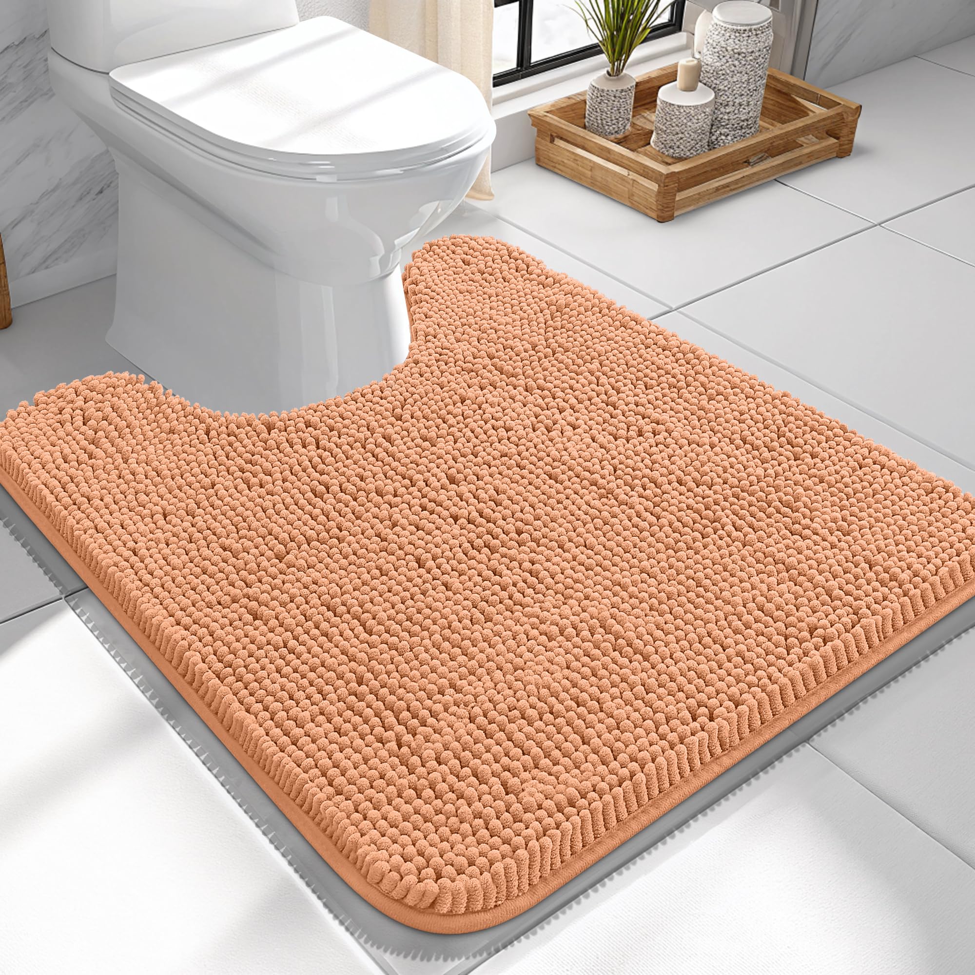 OLANLY Toilet Rugs U-Shaped 24x24, Soft Absorbent Chenille Contour Rugs | Peach, Quick-Drying Rubber Backing, Machine Washable Non-Slip Shaggy Bathroom Mat for Toilet, Home Decor Accessories