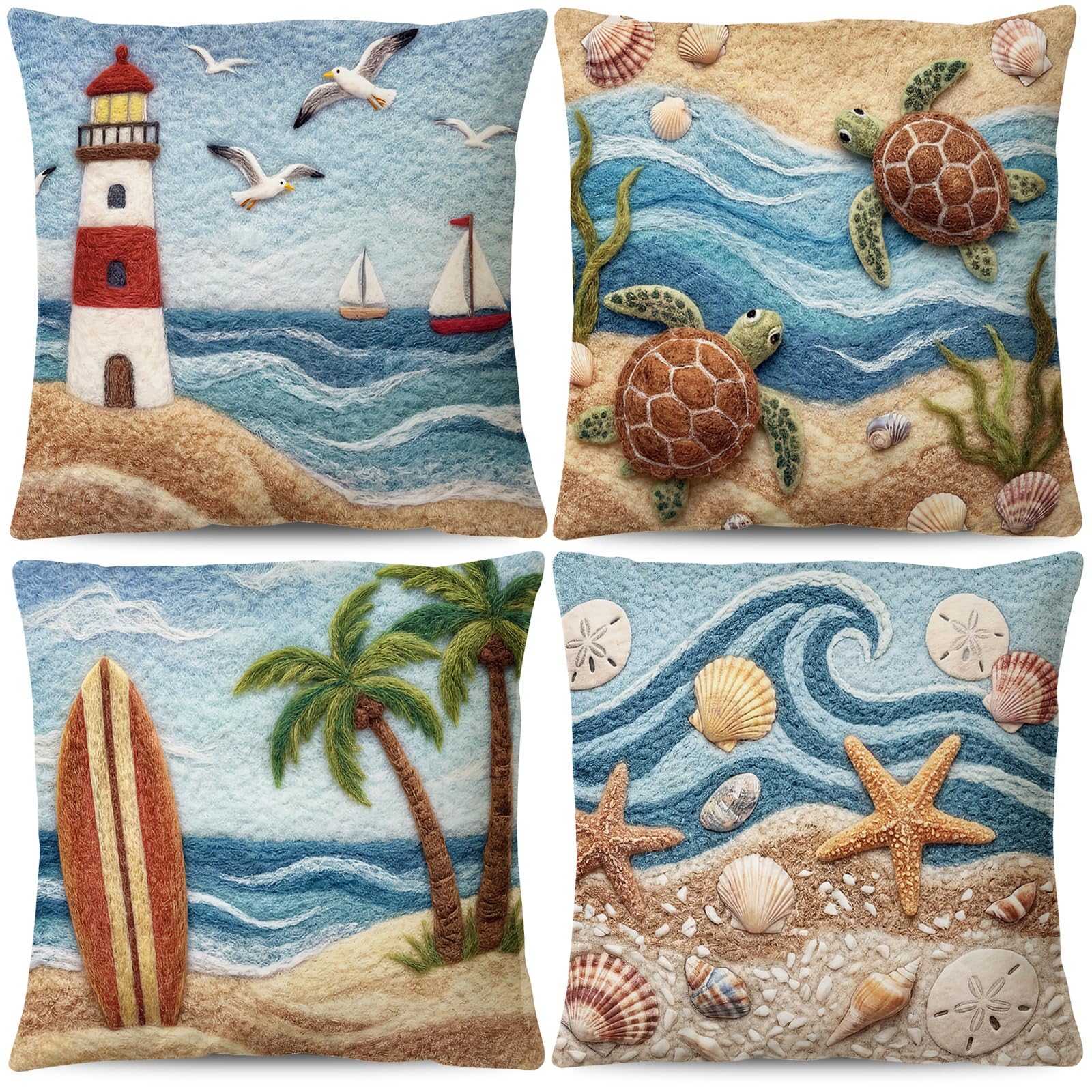 Bigqin Beach Summer Soft Pillow Cover Set of 4 Decorative Pillowcases for Sofa Cushions, Starfish, Seashell, Coconut Palm, Lighthouse, Seagull, Ocean Blue, Bedroom Decor - 45 x 45 cm