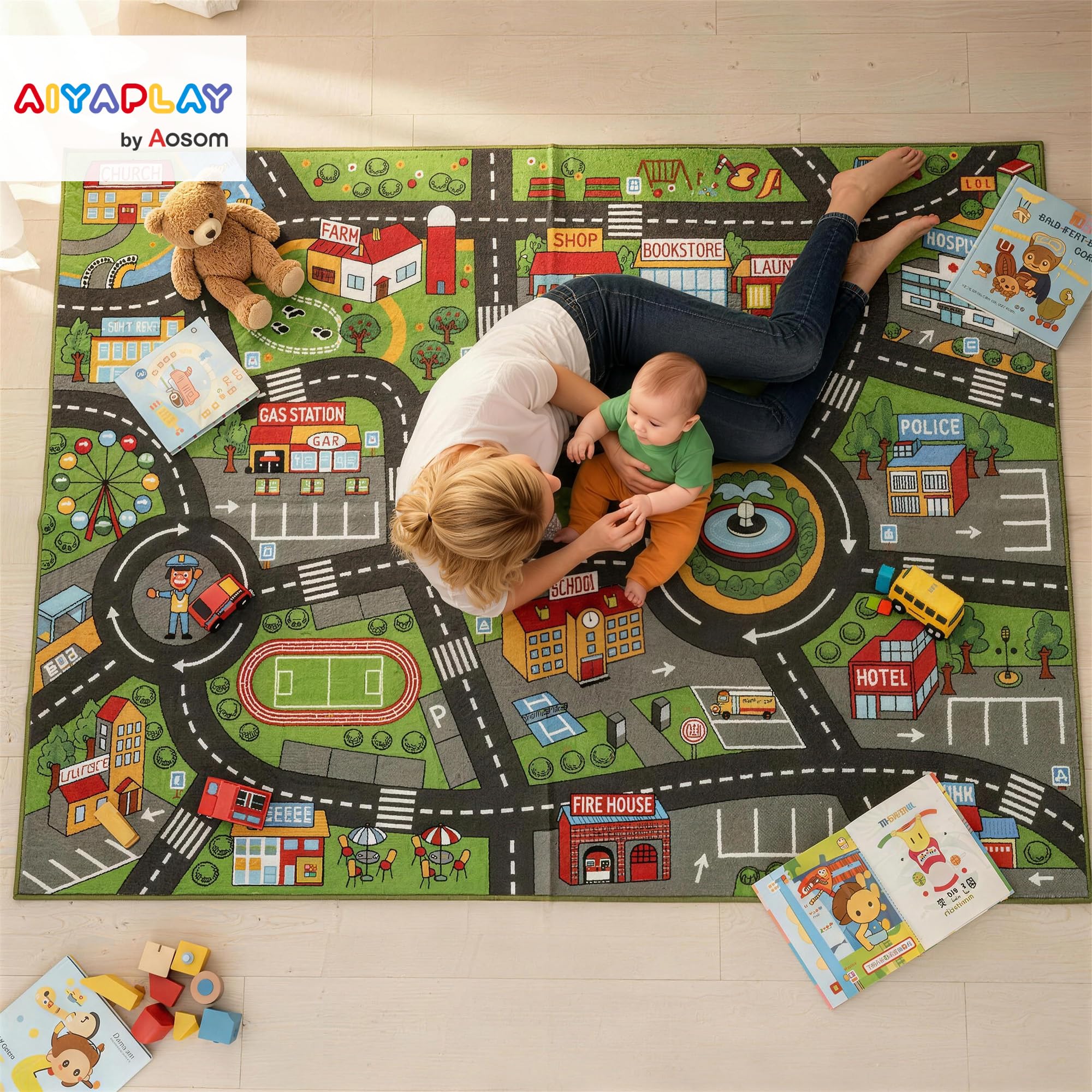 AIYAPLAY Tapis de Jeu pour Bébé 200 x 150 cm Tapis de Sol Antidérapant | Motif de Route de la Ville, Favorisant le Développement Sensoriel, Ramper et Jouer, Chambre, Salon