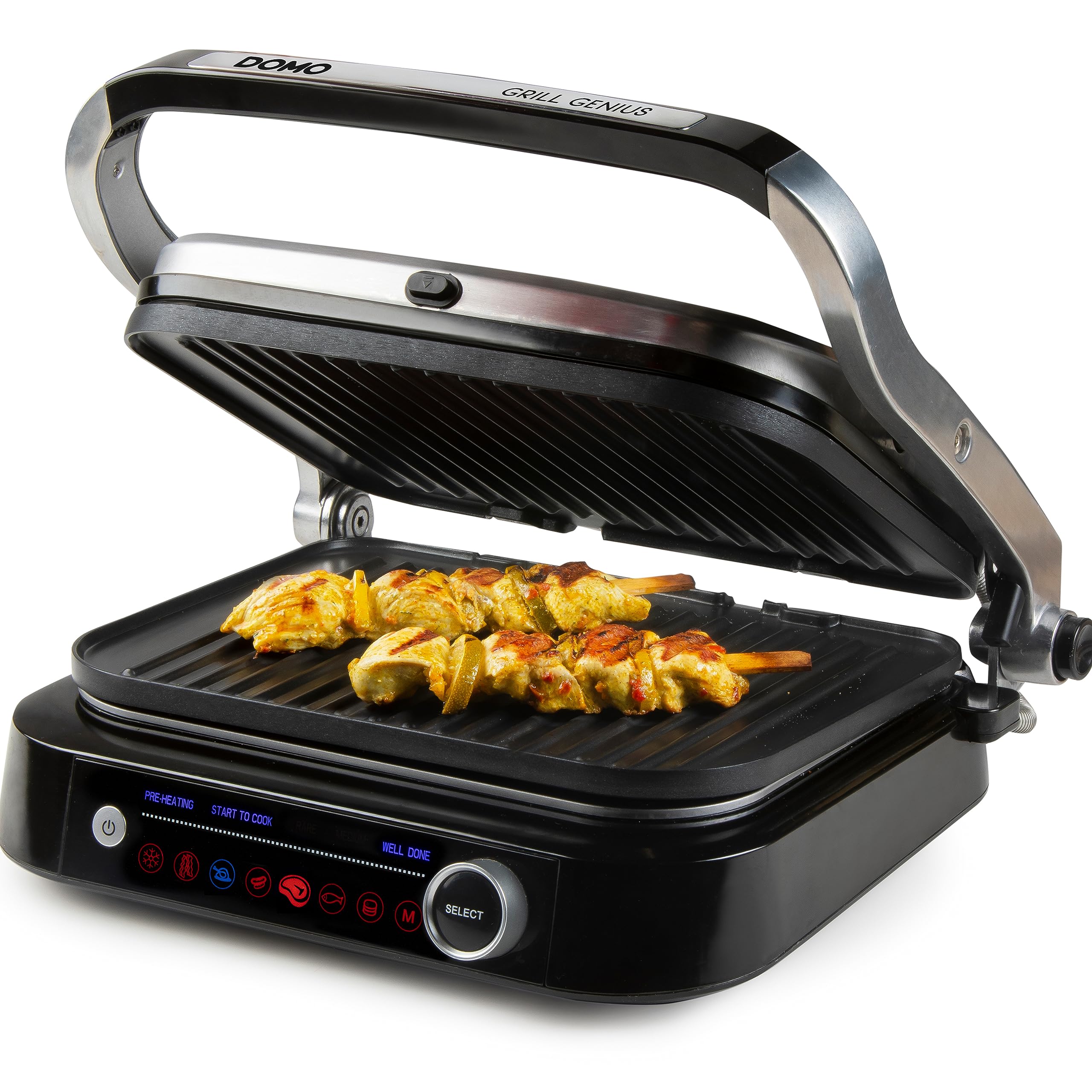 DOMO Genius elektryczny grill kontaktowy, powłoka nieprzywierająca, z wyświetlaczem ze stali nierdzewnej, czarny