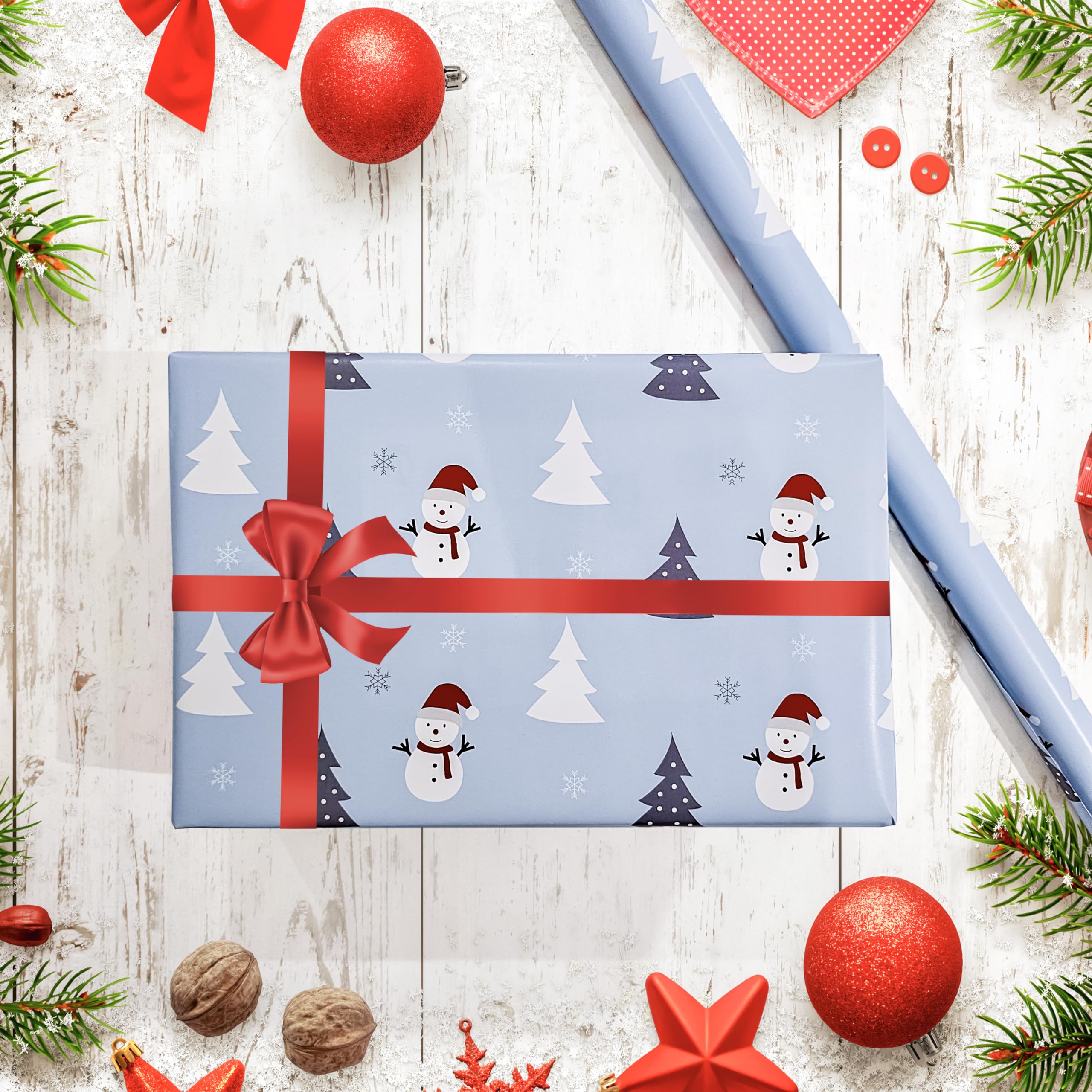 Luxury Christmas Gift Wrapping Paper Roll - 1.6m length - Various Designs Available (Snowman & Christmas Tree)
