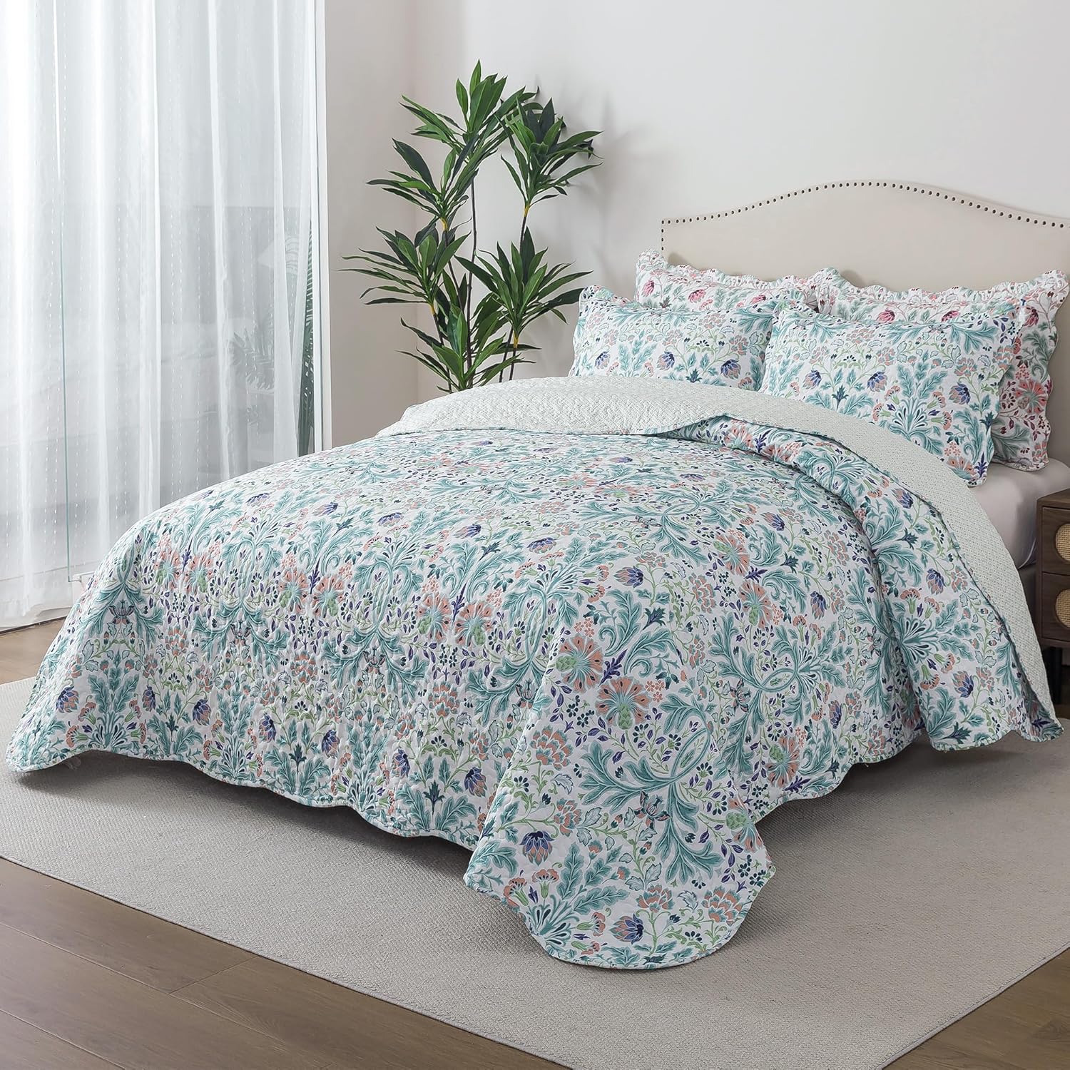 HoneiLife Queen Quilt Bedding Sets - Microfiber Quilt Sets for Queen Bed, 3-Piece Lightweight Bedspreads,Reversible Coverlets Rustic Bed Cover, Floral Bedding Sets for All Season Use
