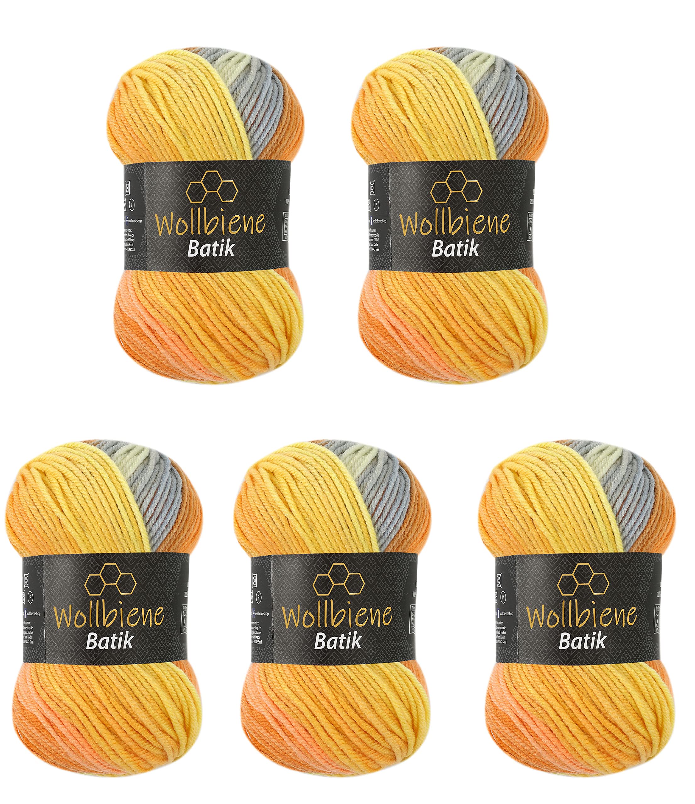 Wollbiene 5 x 100 g Wool with Colour Gradient, Multicoloured Knitting Wool, Crochet Wool (5030 Grey, Orange, Yellow)