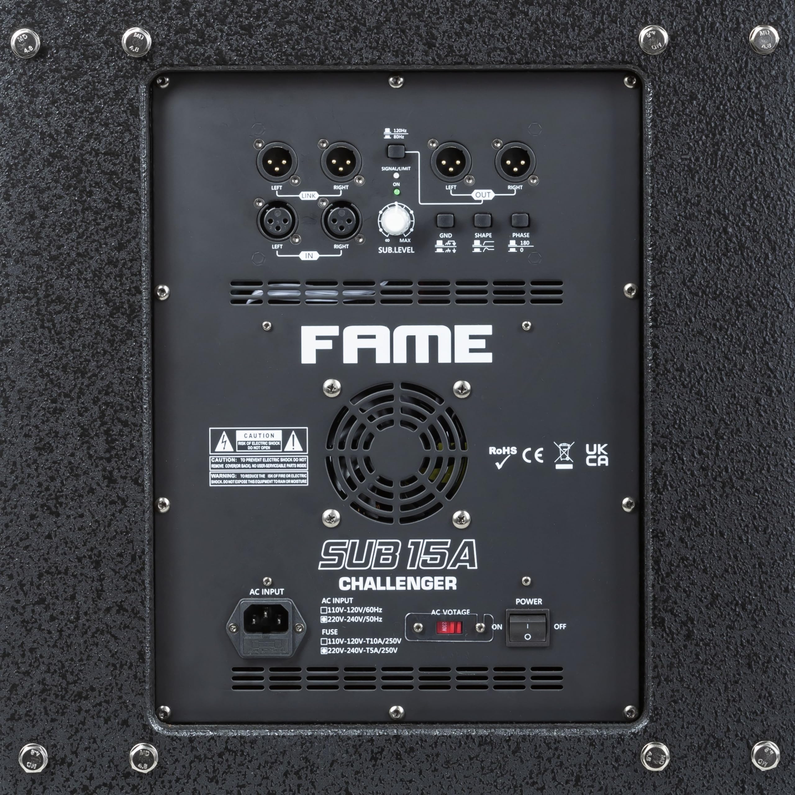 Fame Challenger SUB 15A Aktiver Subwoofer 15 Zoll, 600W RMS, 35-150Hz Frequenzbereich, M20 Gewinde, Holzgehäuse, Integrierte Griffe, Ideal für Konzerte und Veranstaltungen