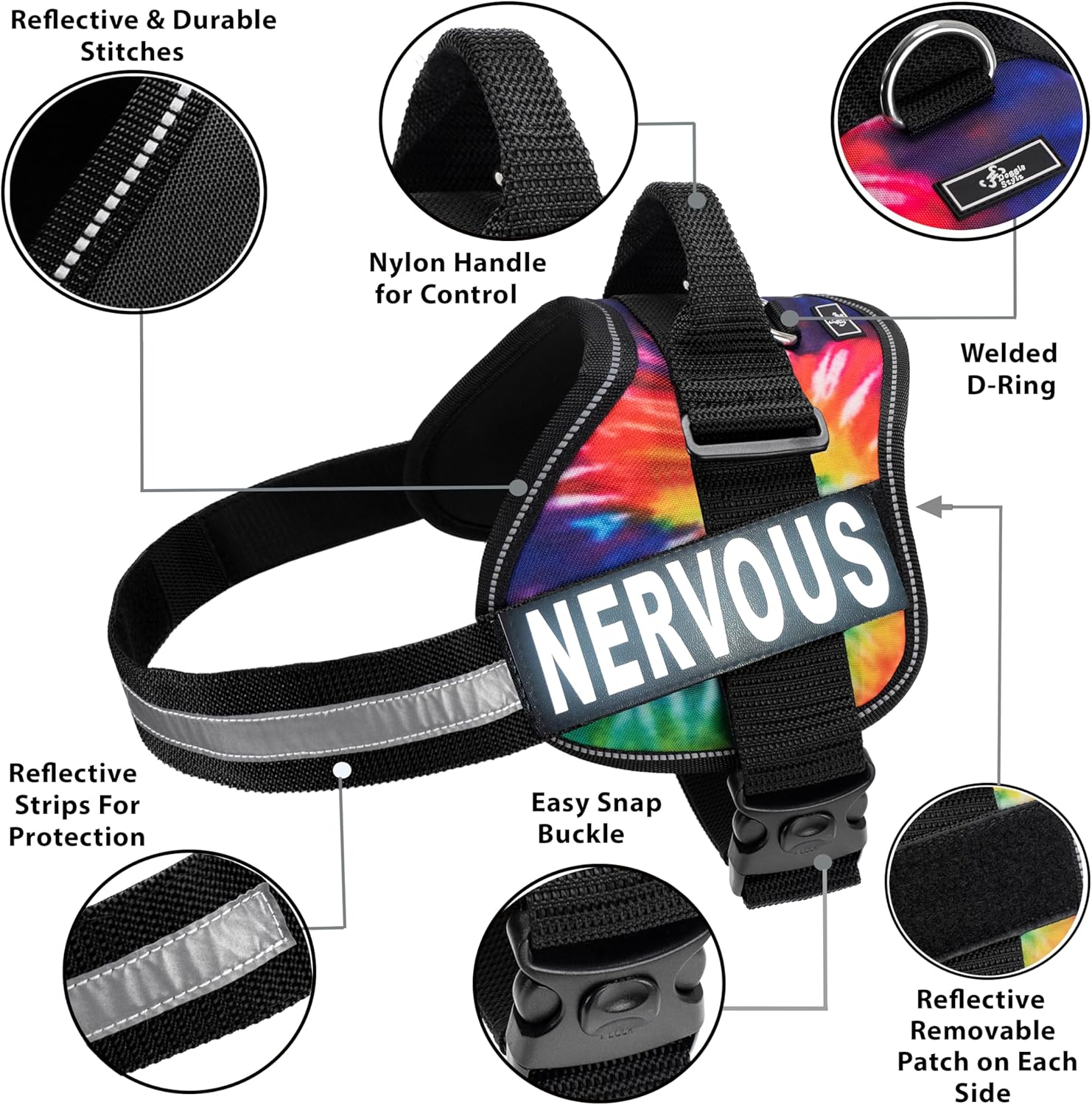 Doggie Stylz Dog Harness with Removable Patches and Reflective Trim. Dog Vest Comes with 2 Nervous Reflective Hook and Loop Patches. Measure Dogs Girth Before Purchase (Girth 30” - 42" Tie Dye)