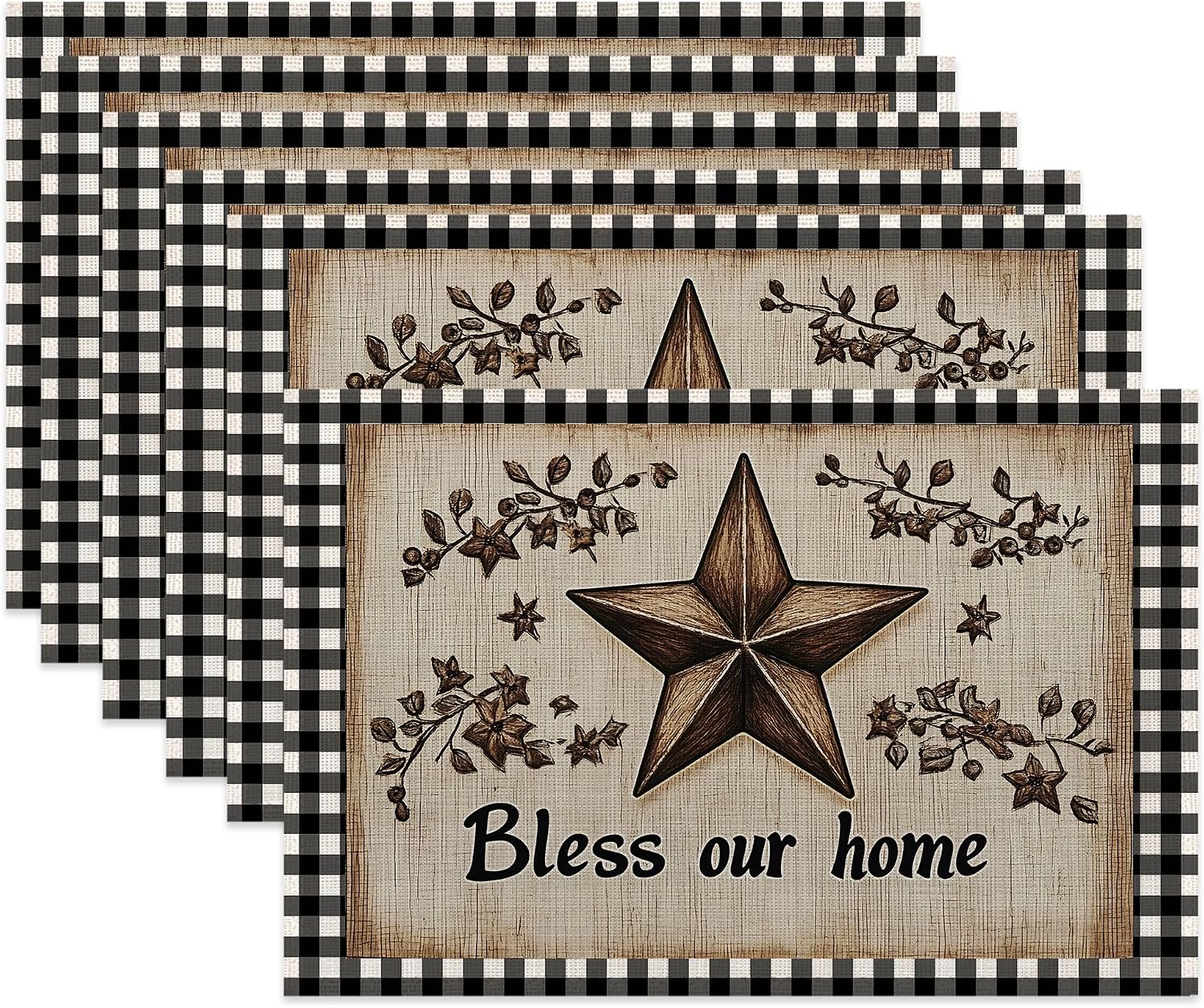 Table Placemats Set of 6,Wood Star Cloth Placemats,Rustic Farmhouse Heat-Resistant Table Mats for Kitchen Dining Room Decoration,Non-Slip Fabric Place Mats 11.8x17.7 Inch