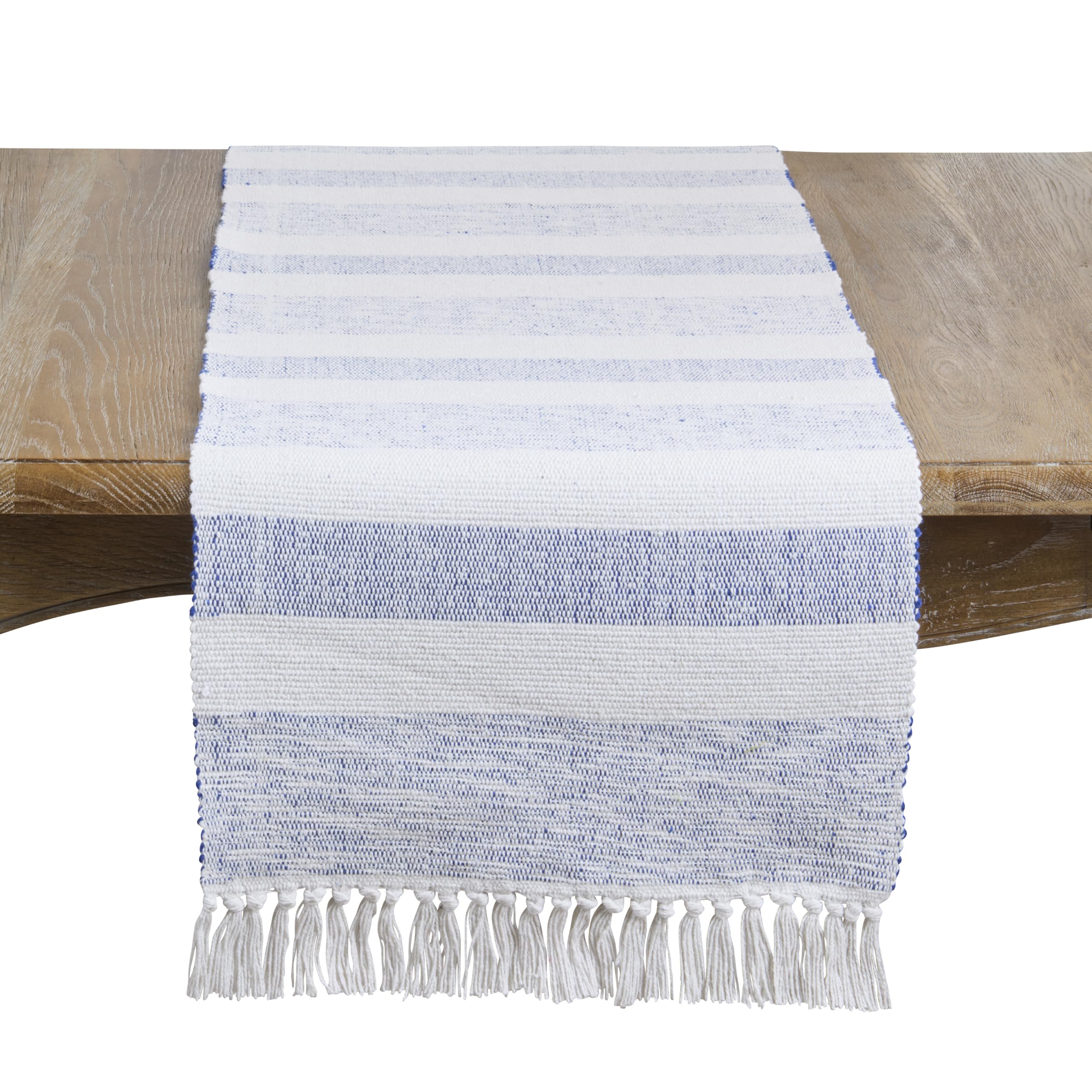 SARO LIFESTYLE Striped Fringe Table Runner - Handwoven Table Runner for Farmhouse Dining Tables, Everyday Entertaining, and Casual Home Décor, 16"x72", Navy Blue