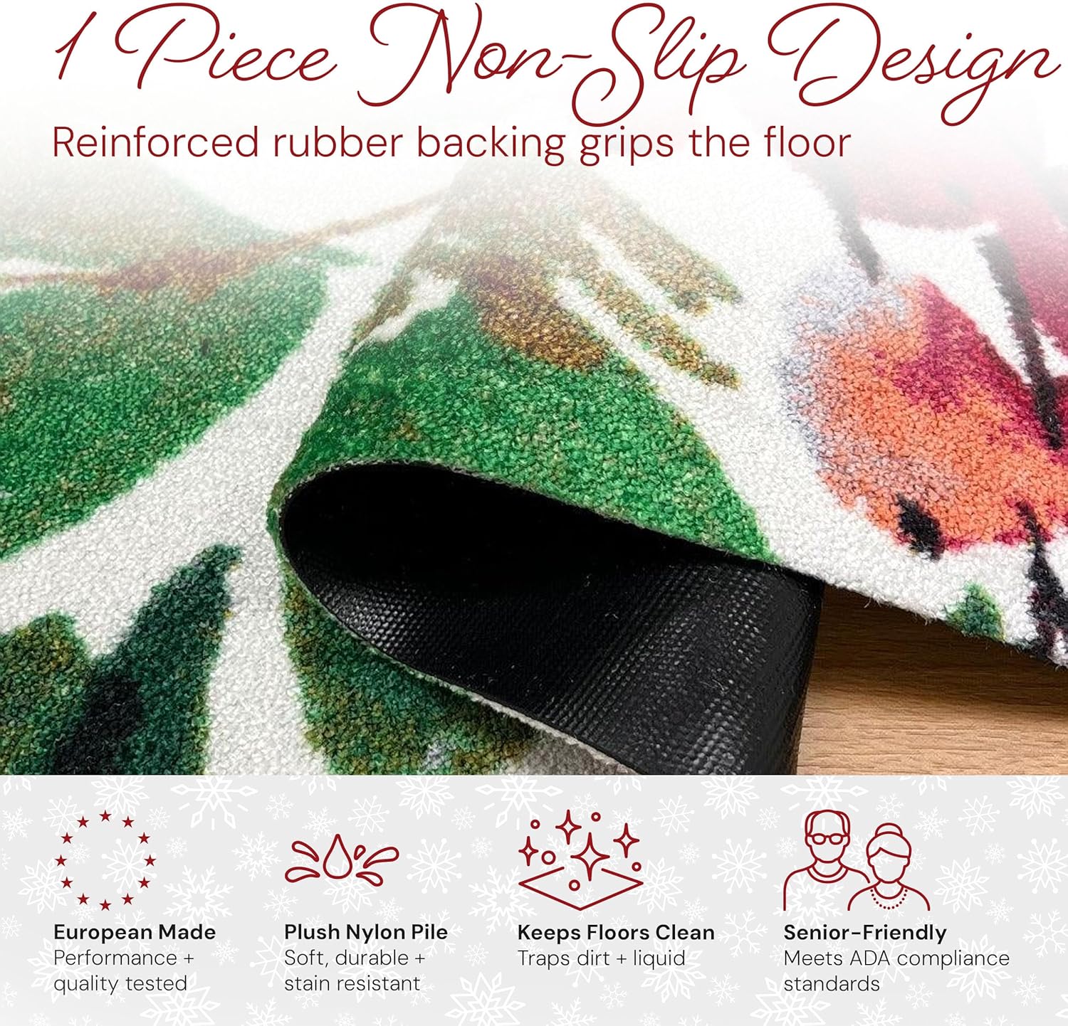 Wash+Dry Christmas Noel Washable Indoor Rug with Rubber Backing, Small Door Mat for Entryway, Kitchen, Bathroom, Non-Slip Mat, Washable Entryway Rug, Pet Friendly, White, Red and Green, 20" x 27.5"