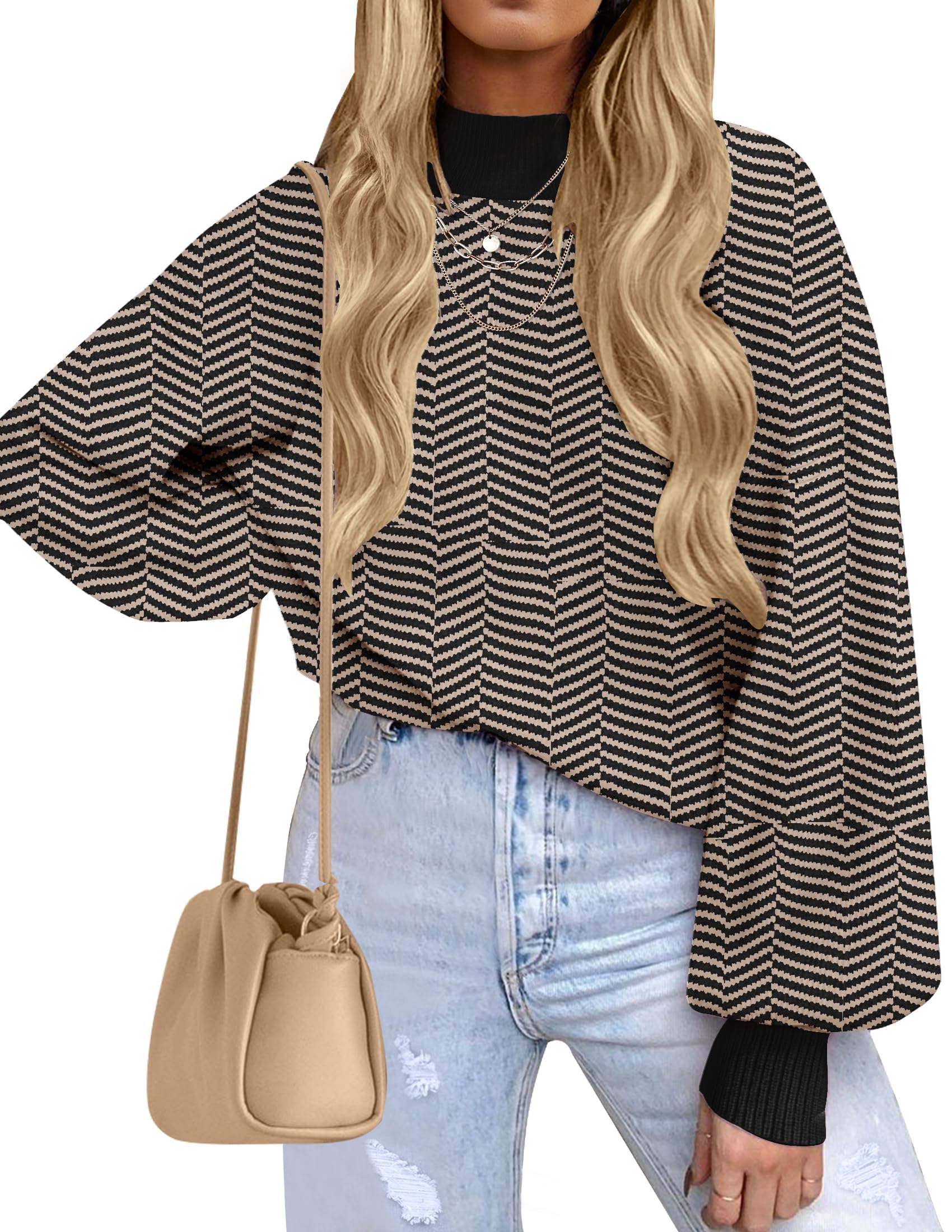ZESICA Women's 2026 Fall Striped Pullover Sweaters Tops Fashion Outfits | Checkered, Mock Neck, Oversized, Trendy Casual Loose Fit, Cute, Chunky Cozy Holiday Winter Clothes