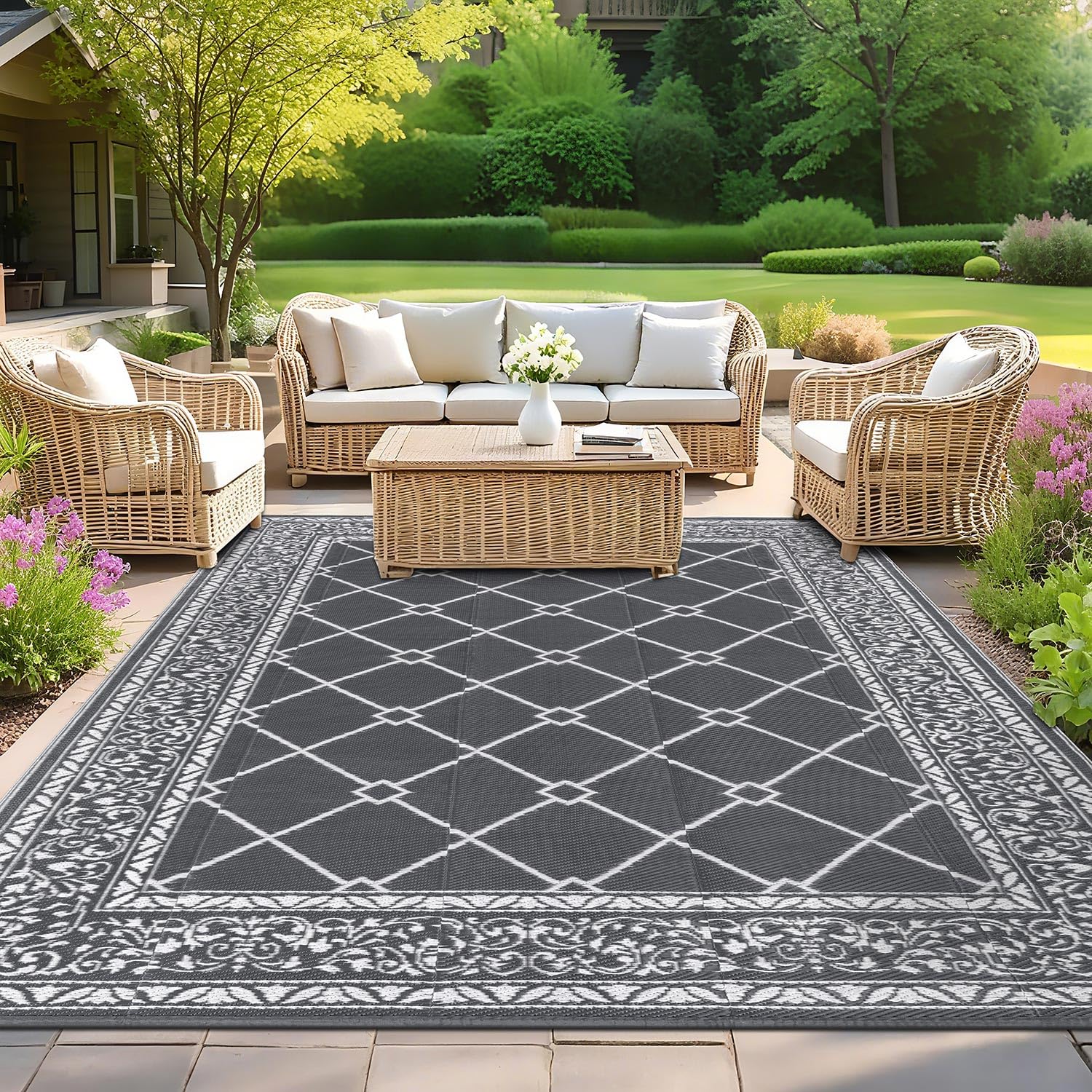 SHACOS Outdoor Rug, Weatherproof 240 x 300 cm, Reversible Plastic Rug, Balcony Rug, Washable, UV-Resistant Picnic Blanket, Outdoor Rug for Patio, Camping, Garden, Grey
