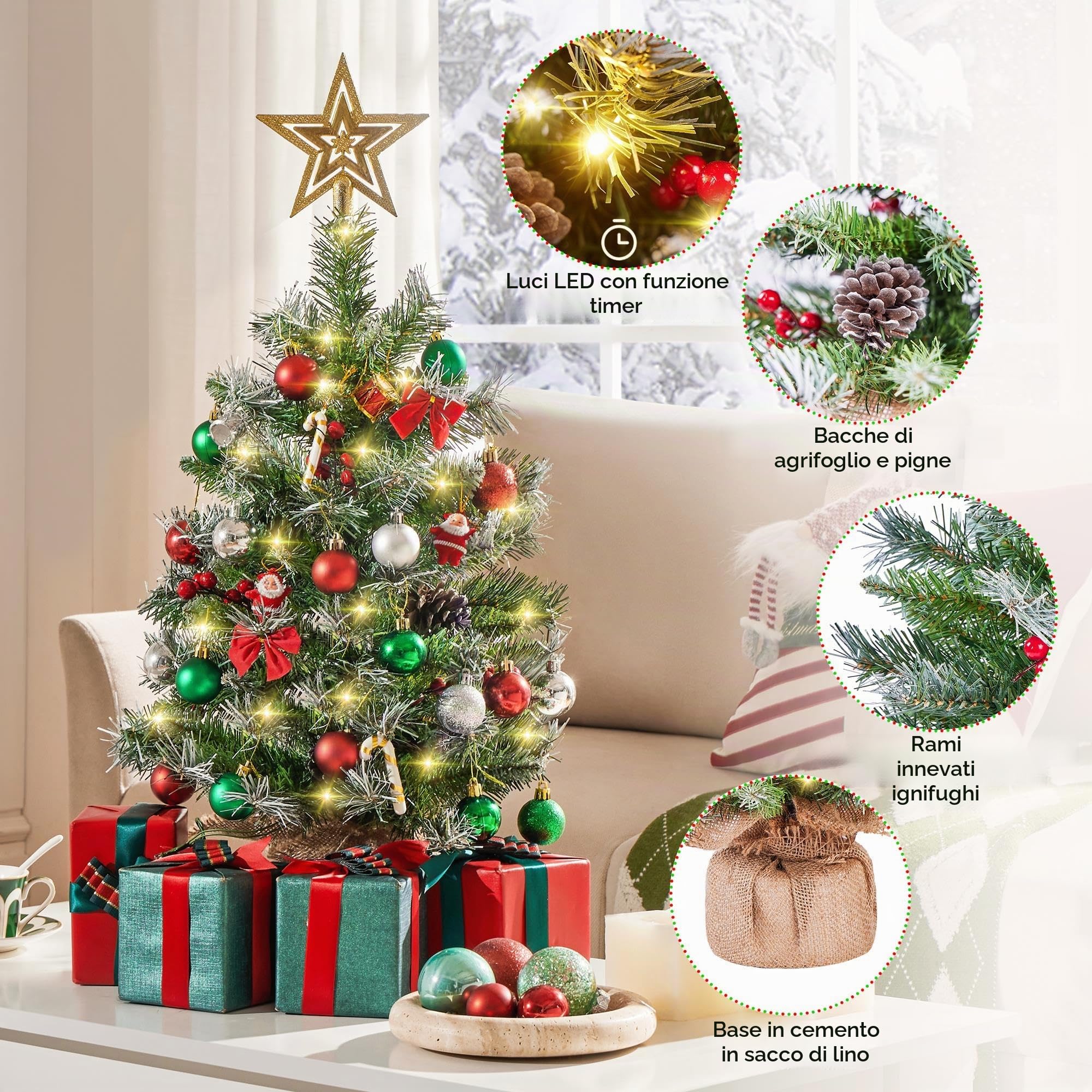 Yaheetech Set di 2 Mini Albero di Natale da 61 cm Piccolo Albero Innevato con 35 Luci a LED 42 Bacche Rosse e 6 Pigne Ideale per Decorazioni Interni