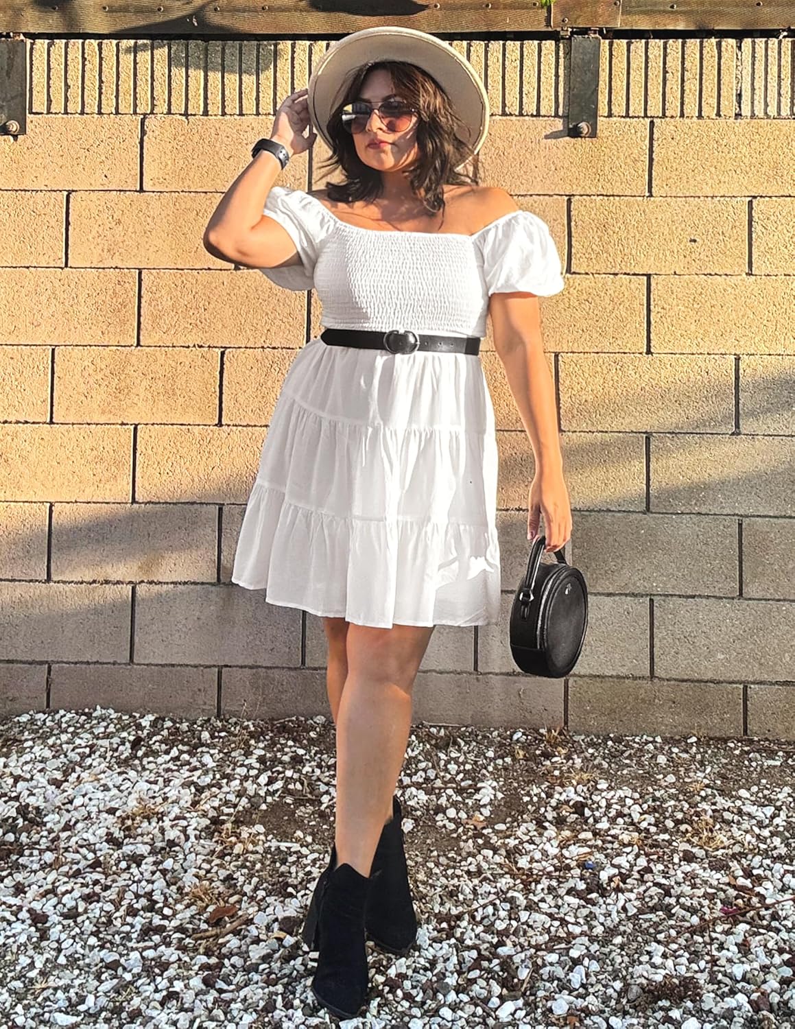 ZESICA Women's Boho 2026 Summer Square Neck Puff Sleeve Off Shoulder Smocked Tiered Casual A Line Short Mini Dress - Image 5