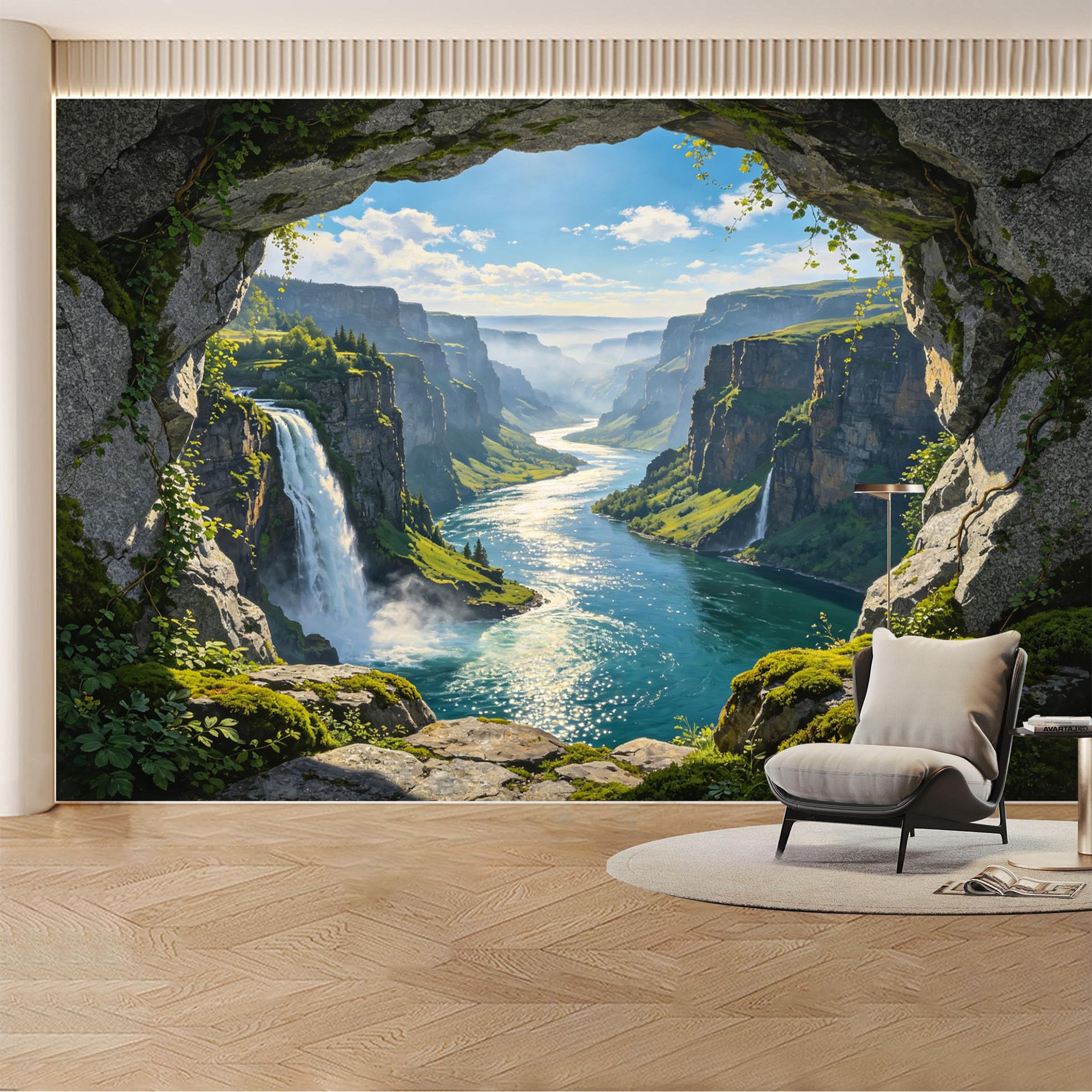 Kayorowalls Bh20260620095 Custom Wall Mural Wallpaper Waterfall Canyon Landscape Nature 3D Effect Wall Decor Mural Design Misty Luxury Style Removable Selfadhesive Large Photo For Living Room， Bedroom， Office