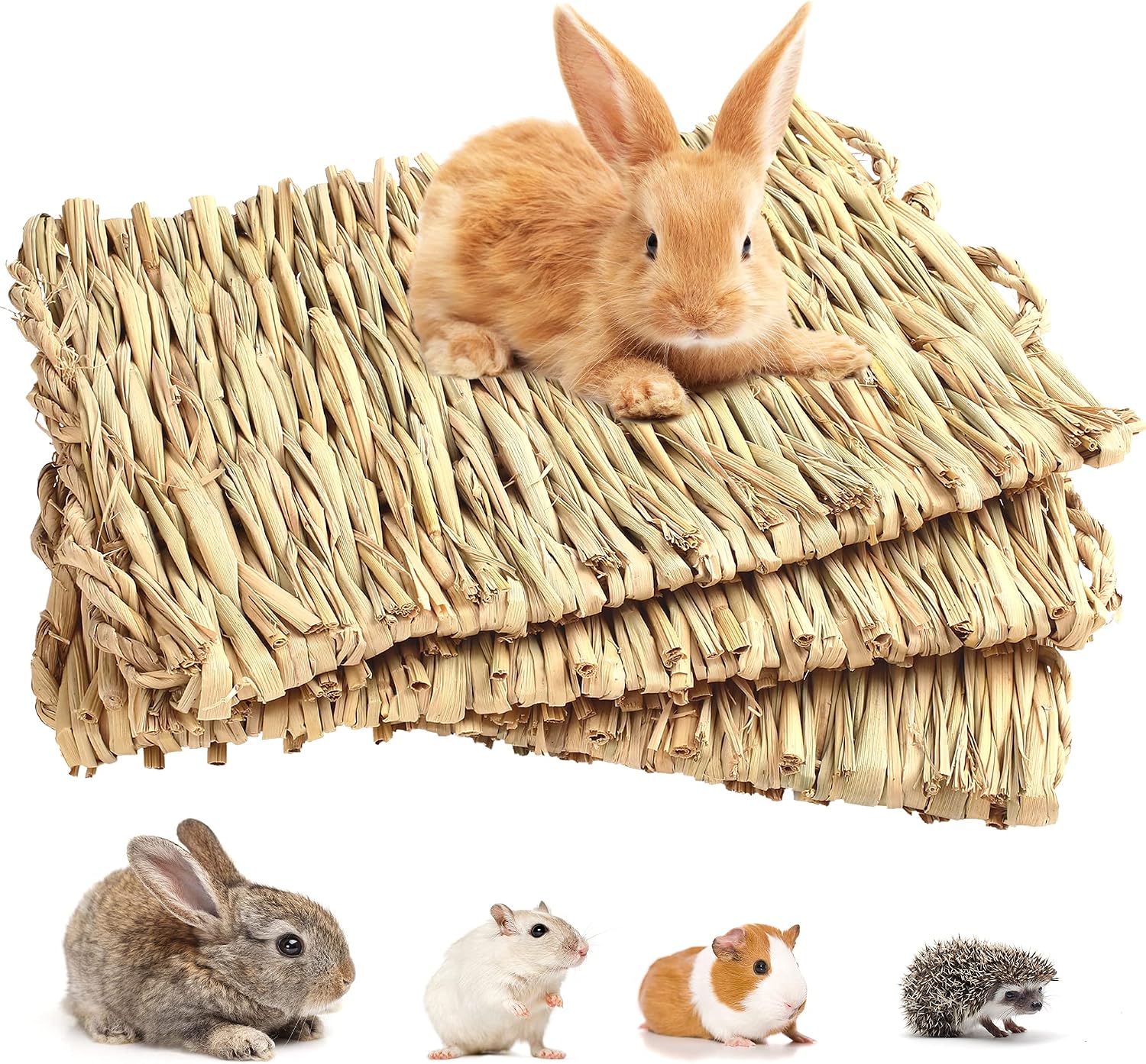 PrimePets Grass Mat for Rabbits Bunny, 3 Pack, Woven Hay Mat for Small Animals, Natural Straw Bedding Resting Cage Mat for Guinea Pig Parrot Chinchilla Hamster Rat