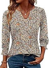 AKEWEI Blouses for Women Dressy Casual 3/4 Length Sleeve Spring Tops for Women V Neck Pleated T Shirts
