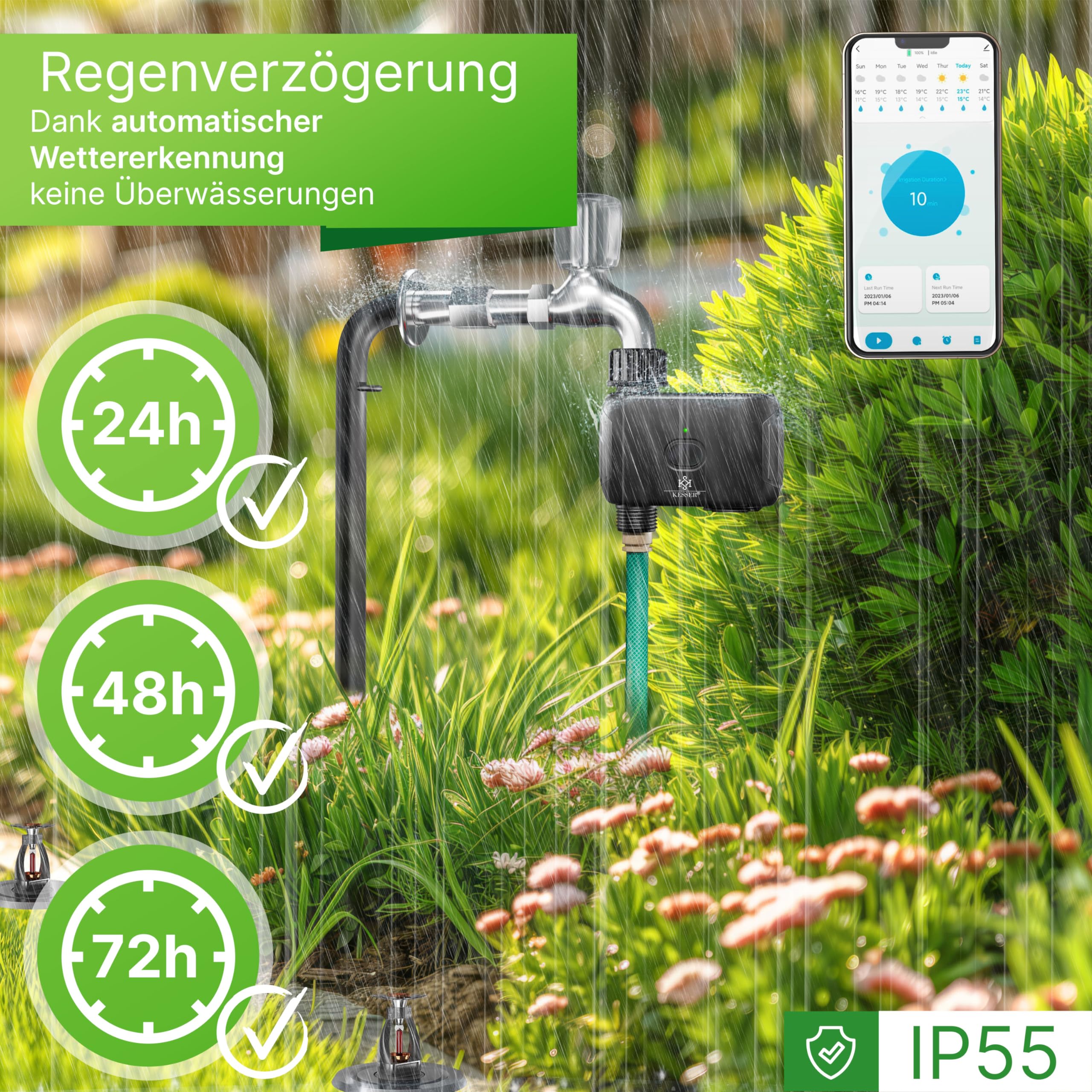 KESSER® Bewässerungssteuerung mit WLAN WiFi | Bewässerungscomputer für Garten & Balkon | Bewässerungssystem mit Zeitschaltuhr | Automatische Bewässerung App & Sprachsteuerung | Schwarz