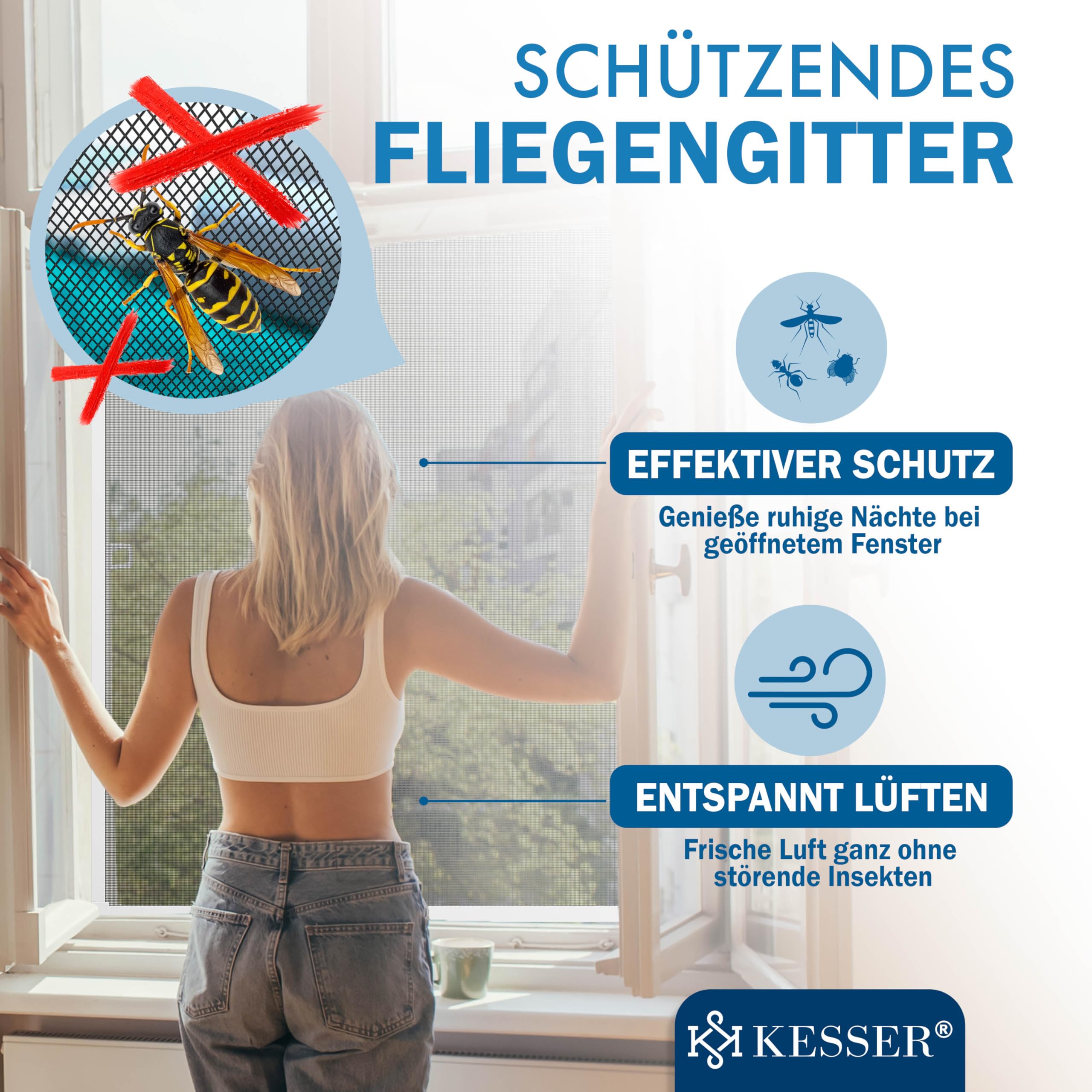KESSER® Zanzariera per finestre con telaio in alluminio Zanzariera, Protezione dagli insetti, Zanzariera, Rete contro le zanzare, telaio di fissaggio, senza foratura e viti, 130 x 150 cm, Bianco