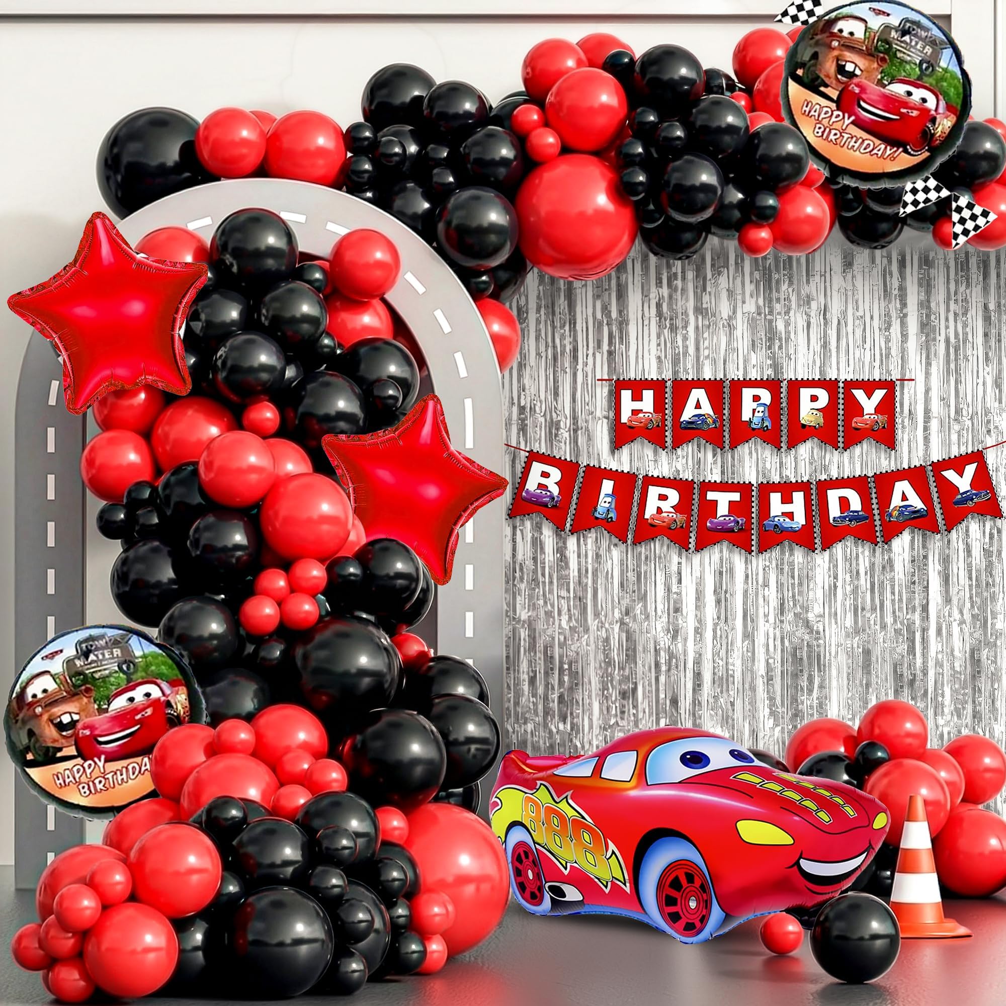 Party Propz Car Theme Birthday Decoration Kit for Boys - 47 Pcs Mcqueen Car Birthday Theme, Happy Birthday Decoration Kit for Boys, Black & Red Balloons, Car Theme Decoration For Birthday
